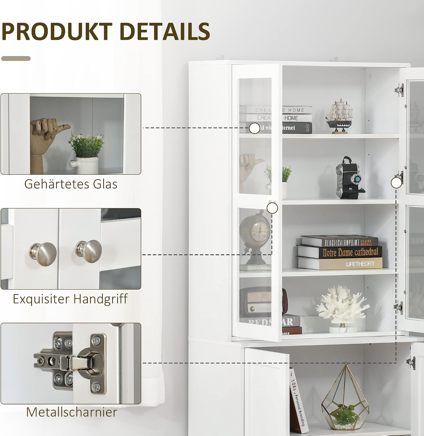 HOMCOM Bücherregal Bücherschrank mit 6 Fächern, Türen, Standregal Aufbewahrungsregal Bürporegal für Wohnzimmer, Büro 76x40x178,5 cm Weiß — Ansicht 6