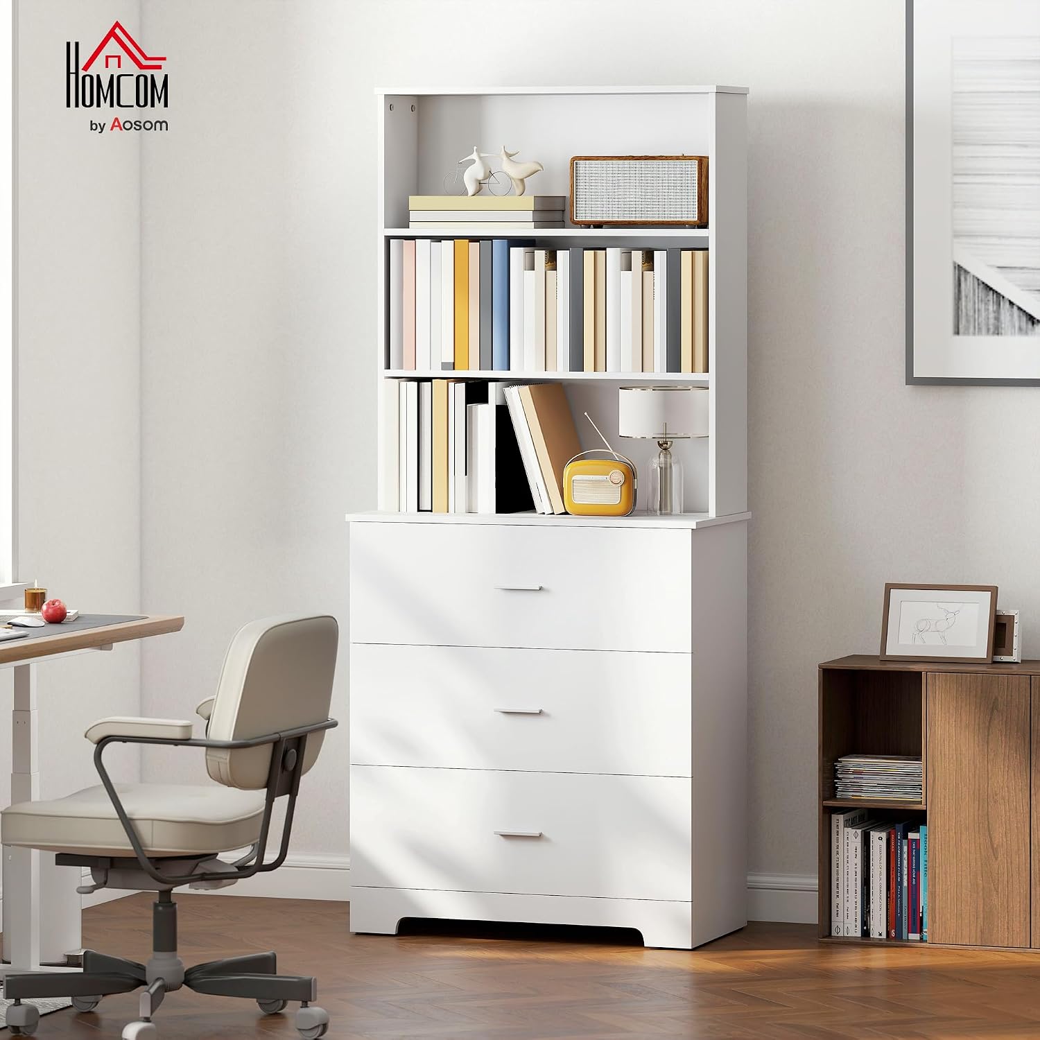 HOMCOM Bücherschrank 180 cm 6-stöckig Hochschrank Vitrinenschrank mit 3 Schubladen, 3 offenen Regalen Küchenschrank für Wohnzimmer Küche Weiß — Ansicht 2