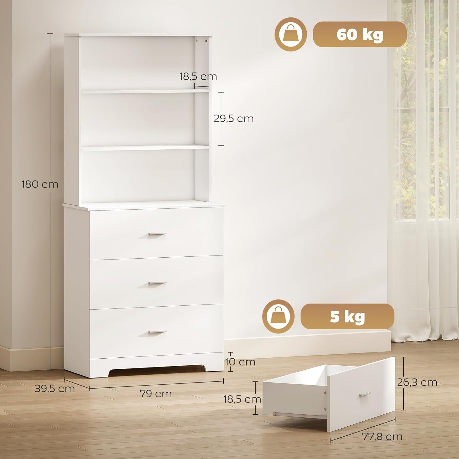 HOMCOM Bücherschrank 180 cm 6-stöckig Hochschrank Vitrinenschrank mit 3 Schubladen, 3 offenen Regalen Küchenschrank für Wohnzimmer Küche Weiß — Ansicht 3