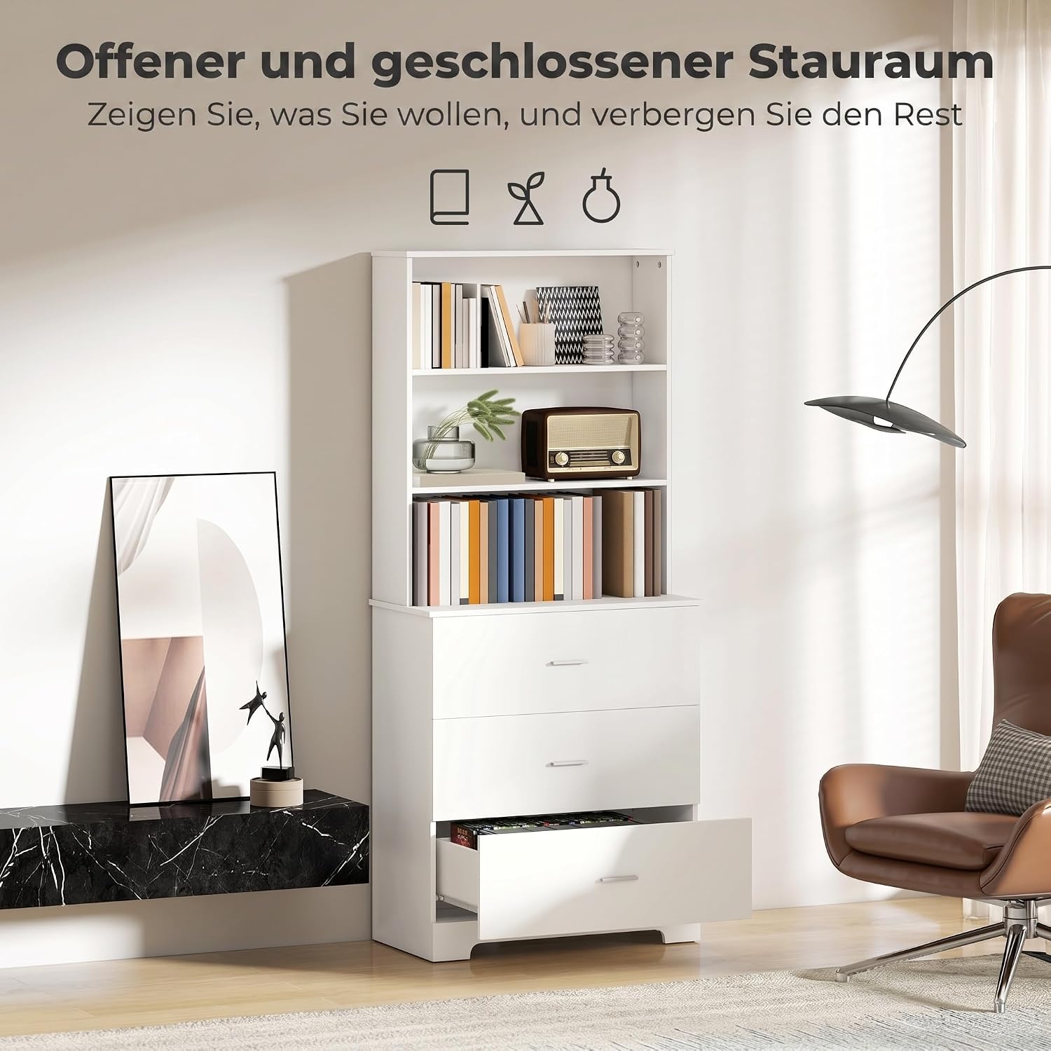 HOMCOM Bücherschrank 180 cm 6-stöckig Hochschrank Vitrinenschrank mit 3 Schubladen, 3 offenen Regalen Küchenschrank für Wohnzimmer Küche Weiß — Ansicht 4