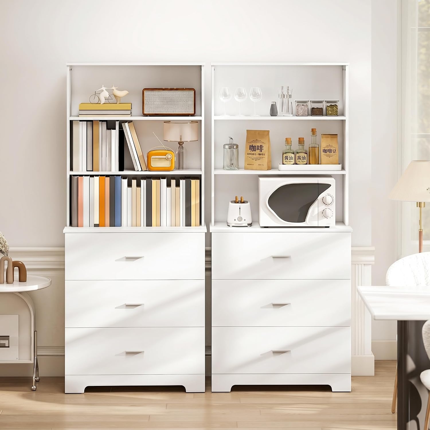HOMCOM Bücherschrank 180 cm 6-stöckig Hochschrank Vitrinenschrank mit 3 Schubladen, 3 offenen Regalen Küchenschrank für Wohnzimmer Küche Weiß — Ansicht 5