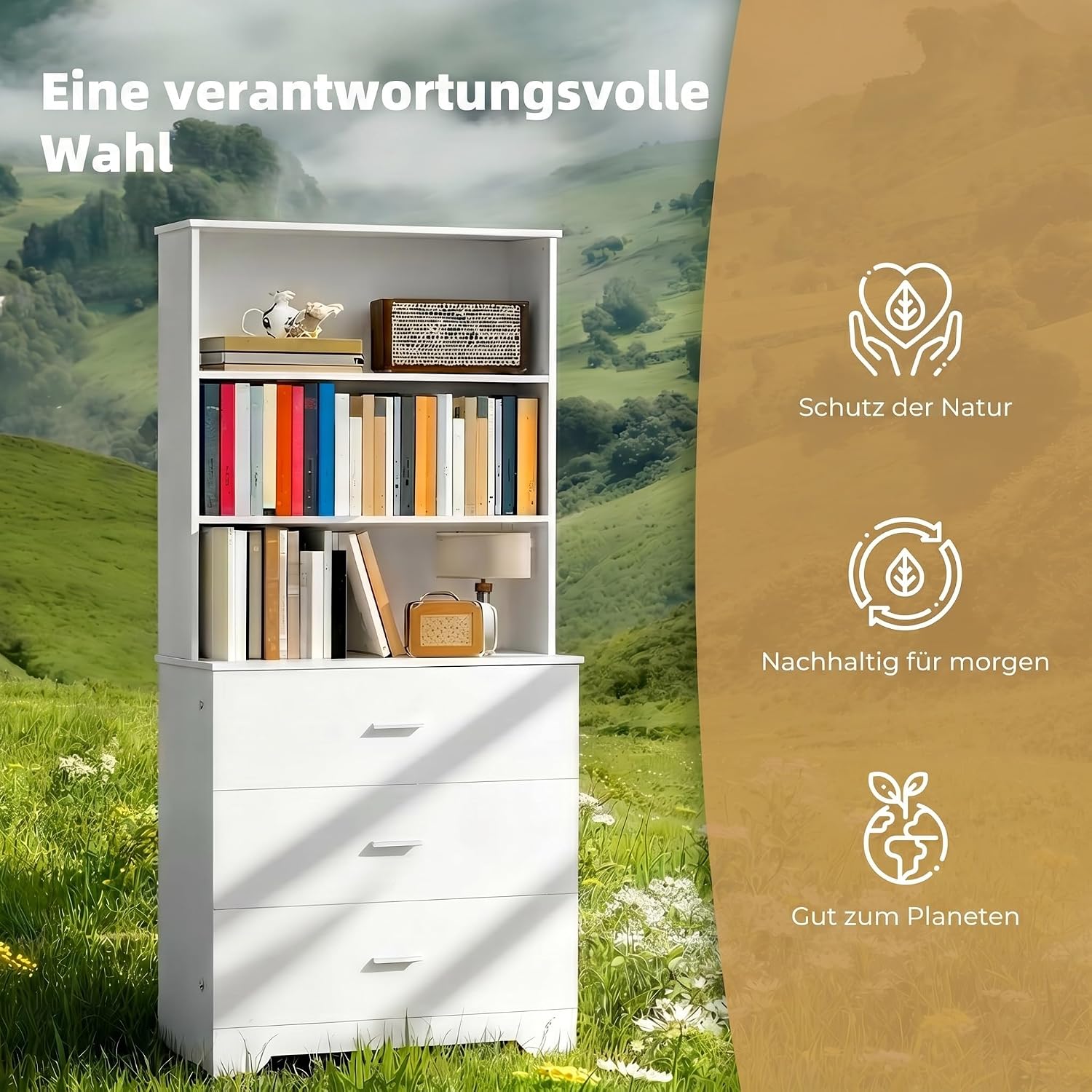 HOMCOM Bücherschrank 180 cm 6-stöckig Hochschrank Vitrinenschrank mit 3 Schubladen, 3 offenen Regalen Küchenschrank für Wohnzimmer Küche Weiß — Ansicht 6