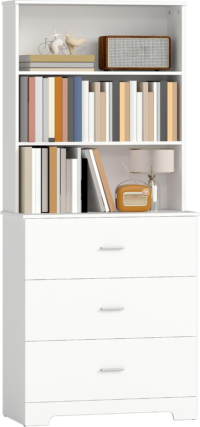 HOMCOM Bücherschrank 180 cm 6-stöckig Hochschrank Vitrinenschrank mit 3 Schubladen, 3 offenen Regalen Küchenschrank für Wohnzimmer Küche Weiß