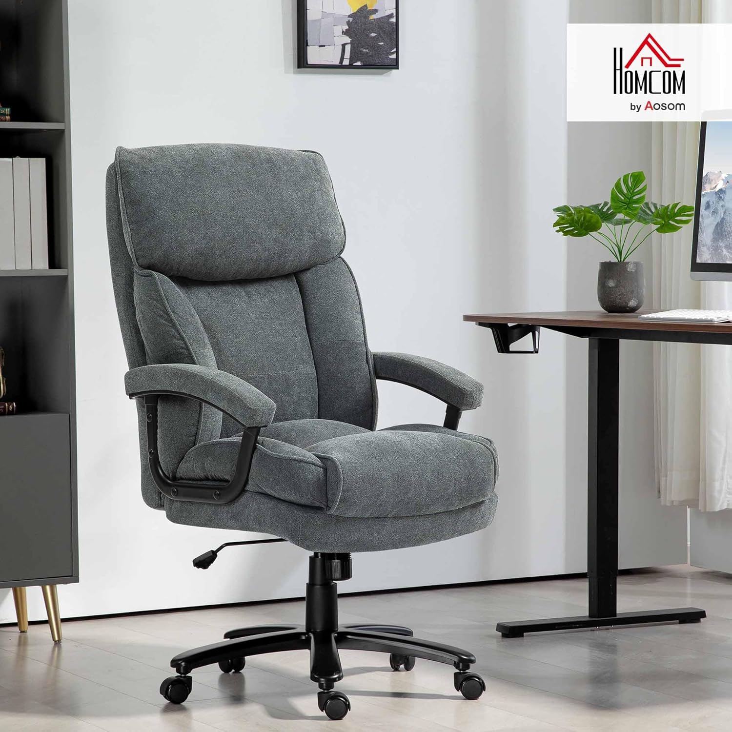 HOMCOM Bürostuhl Ergonomisch Chefsessel mit Hoher Rückenlehne, Wippfunktion, Höhenverstellbar Schreibtischstuhl bis 200 kg Drehstuhl mit Breitem Sitz, für Home Office Grau — Ansicht 2