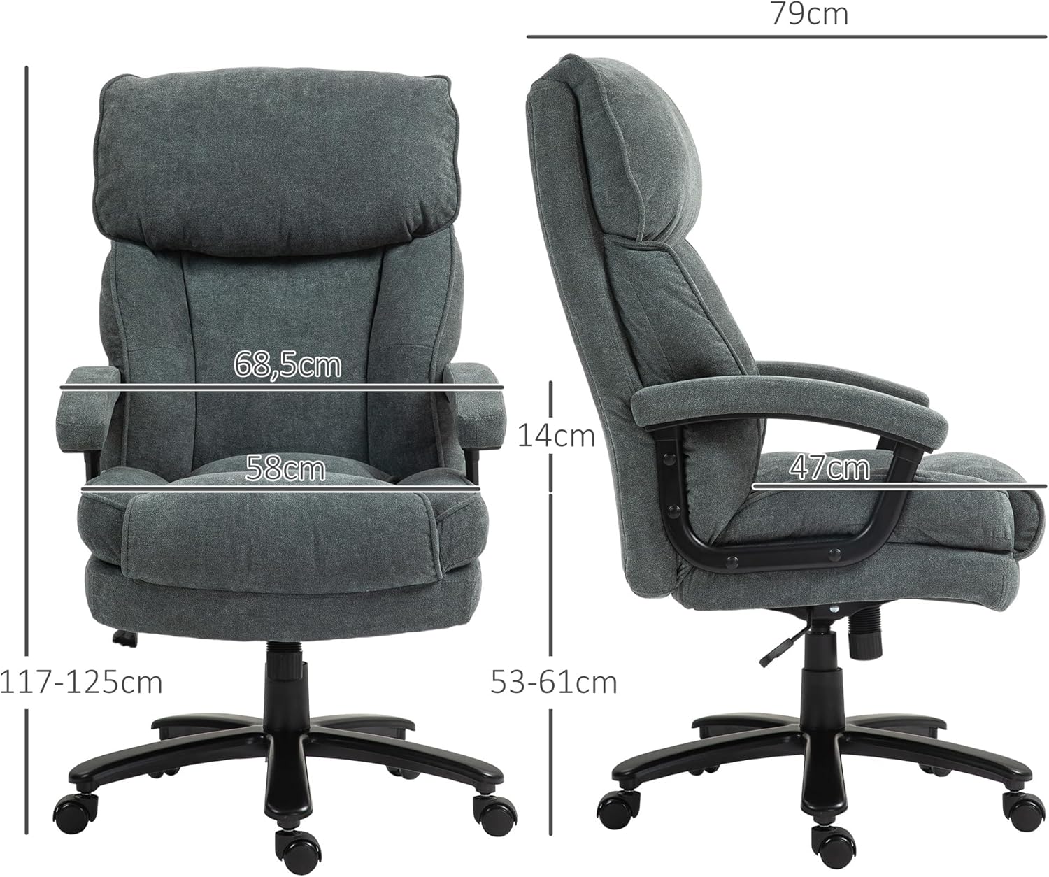 HOMCOM Bürostuhl Ergonomisch Chefsessel mit Hoher Rückenlehne, Wippfunktion, Höhenverstellbar Schreibtischstuhl bis 200 kg Drehstuhl mit Breitem Sitz, für Home Office Grau — Ansicht 3