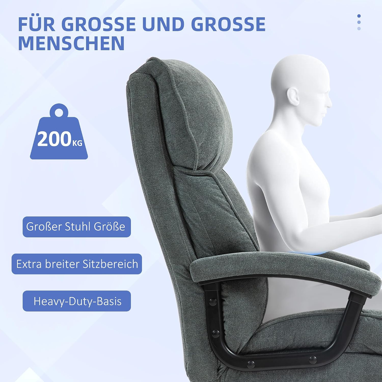 HOMCOM Bürostuhl Ergonomisch Chefsessel mit Hoher Rückenlehne, Wippfunktion, Höhenverstellbar Schreibtischstuhl bis 200 kg Drehstuhl mit Breitem Sitz, für Home Office Grau — Ansicht 4