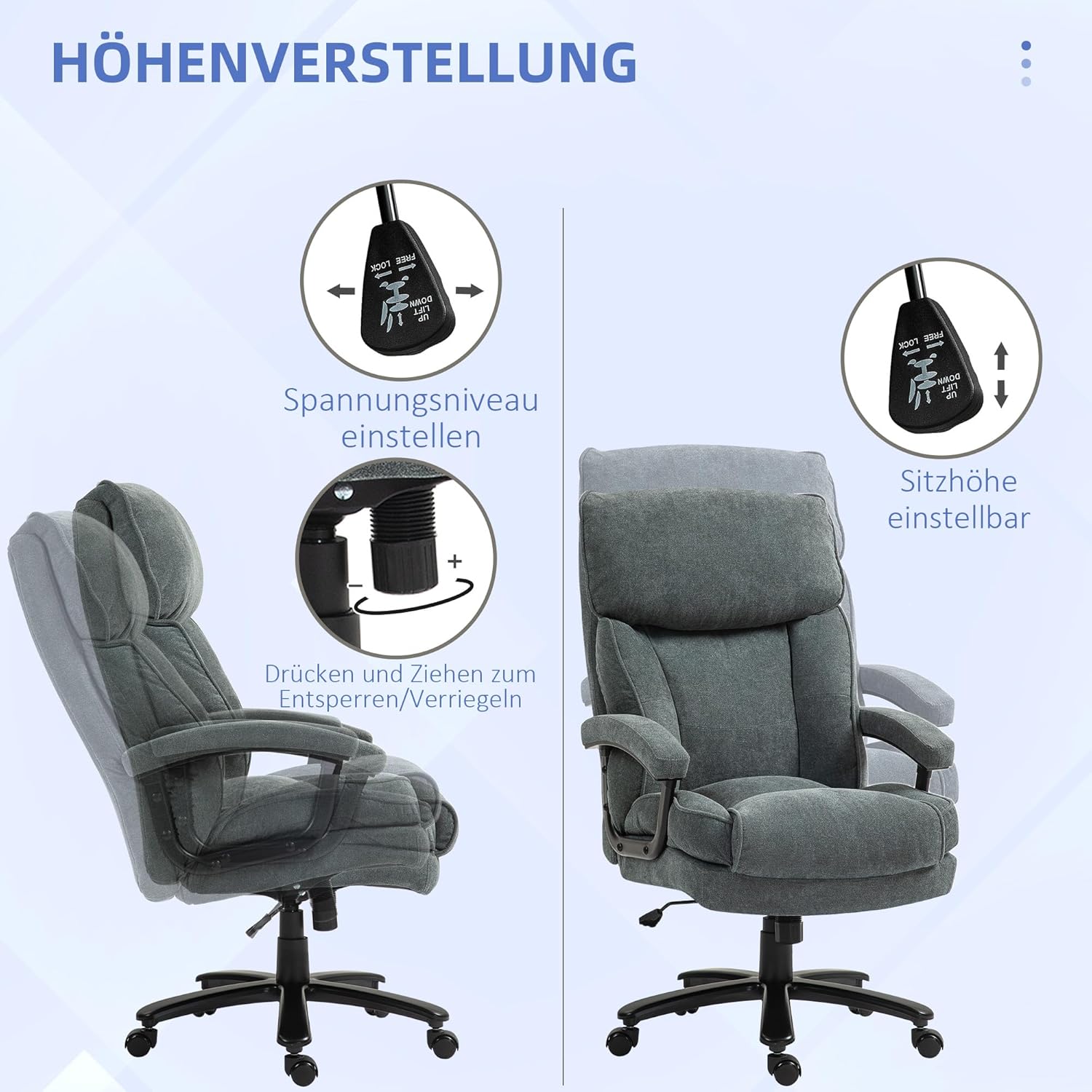 HOMCOM Bürostuhl Ergonomisch Chefsessel mit Hoher Rückenlehne, Wippfunktion, Höhenverstellbar Schreibtischstuhl bis 200 kg Drehstuhl mit Breitem Sitz, für Home Office Grau — Ansicht 5