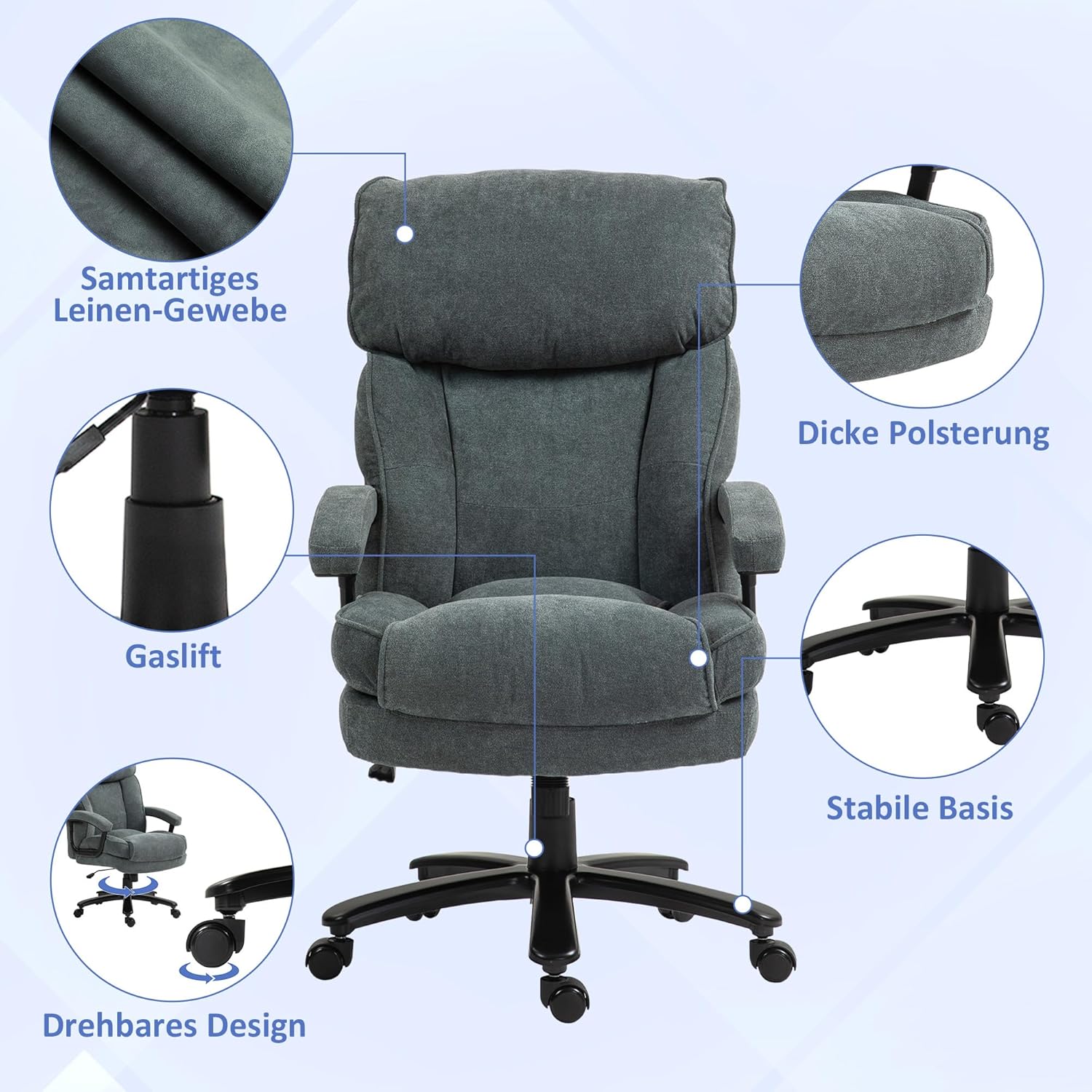 HOMCOM Bürostuhl Ergonomisch Chefsessel mit Hoher Rückenlehne, Wippfunktion, Höhenverstellbar Schreibtischstuhl bis 200 kg Drehstuhl mit Breitem Sitz, für Home Office Grau — Ansicht 6