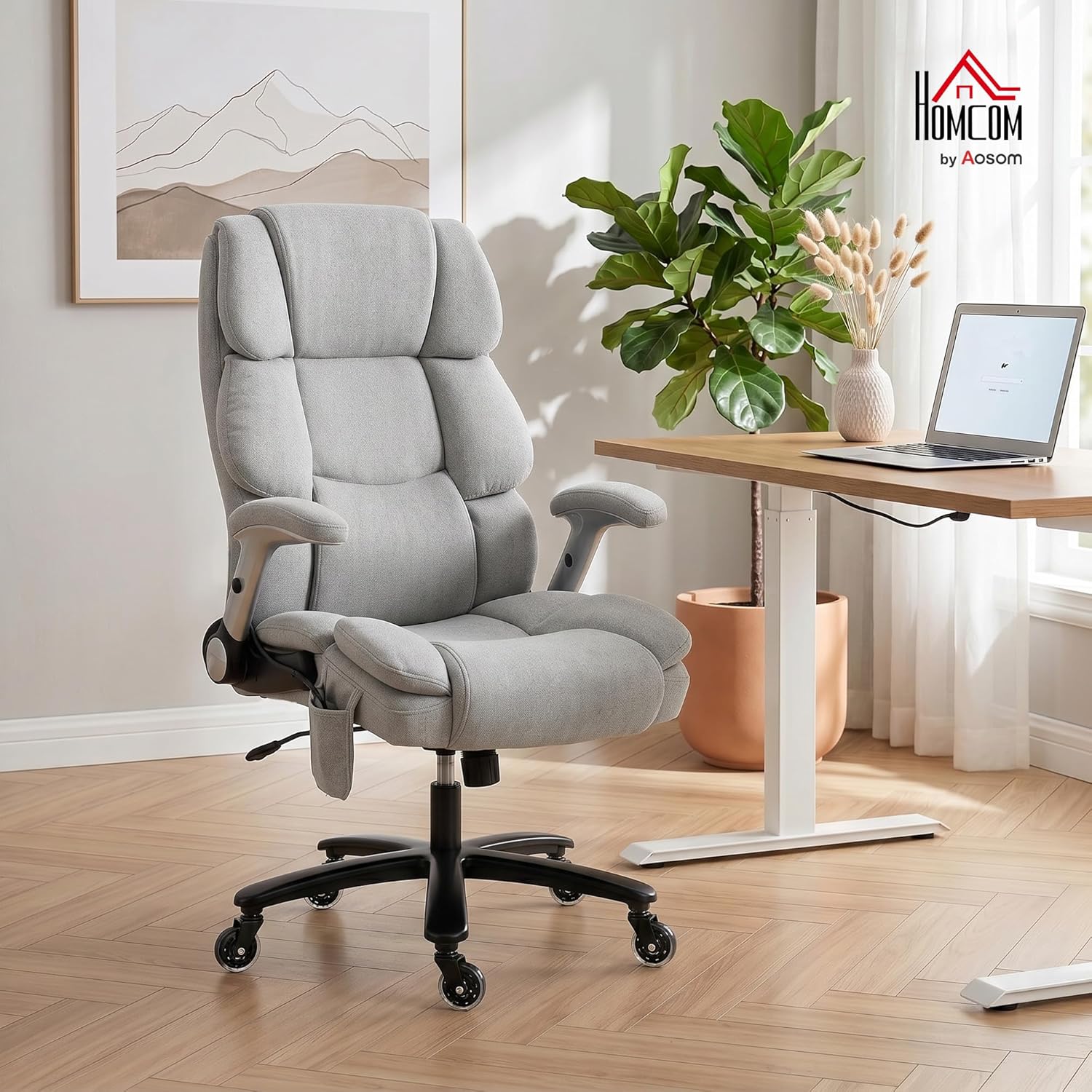 HOMCOM Bürostuhl, Ergonomischer XXL Chefsessel mit Hochklappbaren Armlehnen, breiter Sitz Höhenverstellbarer Schreibtischstuhl mit Airbag-Lendenstütze, Drehstuhl mit Wippfunktion, Hellgrau — Ansicht 2