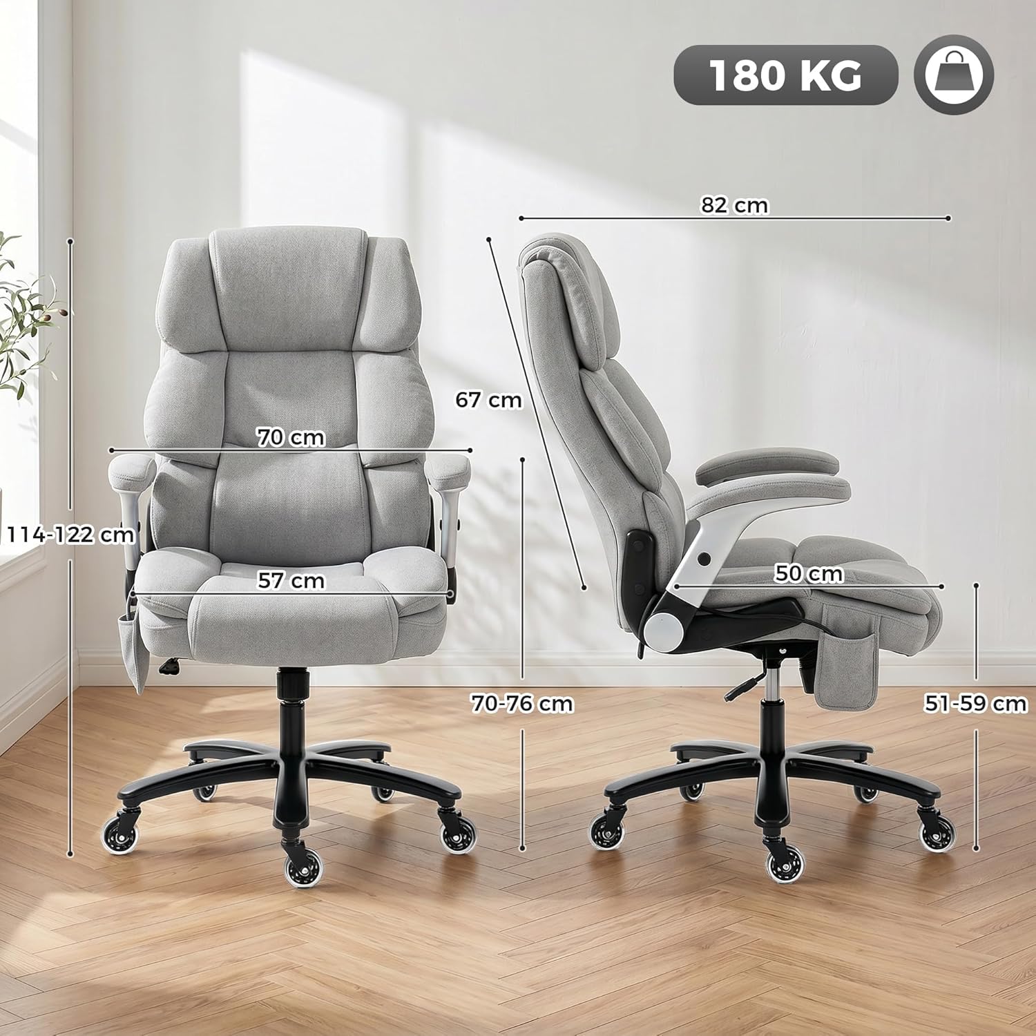 HOMCOM Bürostuhl, Ergonomischer XXL Chefsessel mit Hochklappbaren Armlehnen, breiter Sitz Höhenverstellbarer Schreibtischstuhl mit Airbag-Lendenstütze, Drehstuhl mit Wippfunktion, Hellgrau — Ansicht 3