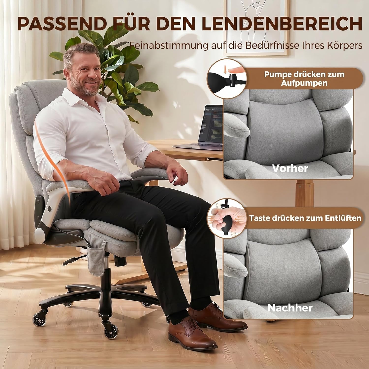 HOMCOM Bürostuhl, Ergonomischer XXL Chefsessel mit Hochklappbaren Armlehnen, breiter Sitz Höhenverstellbarer Schreibtischstuhl mit Airbag-Lendenstütze, Drehstuhl mit Wippfunktion, Hellgrau — Ansicht 4