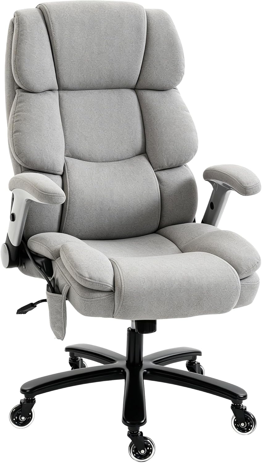 HOMCOM Bürostuhl, Ergonomischer XXL Chefsessel mit Hochklappbaren Armlehnen, breiter Sitz Höhenverstellbarer Schreibtischstuhl mit Airbag-Lendenstütze, Drehstuhl mit Wippfunktion, Hellgrau