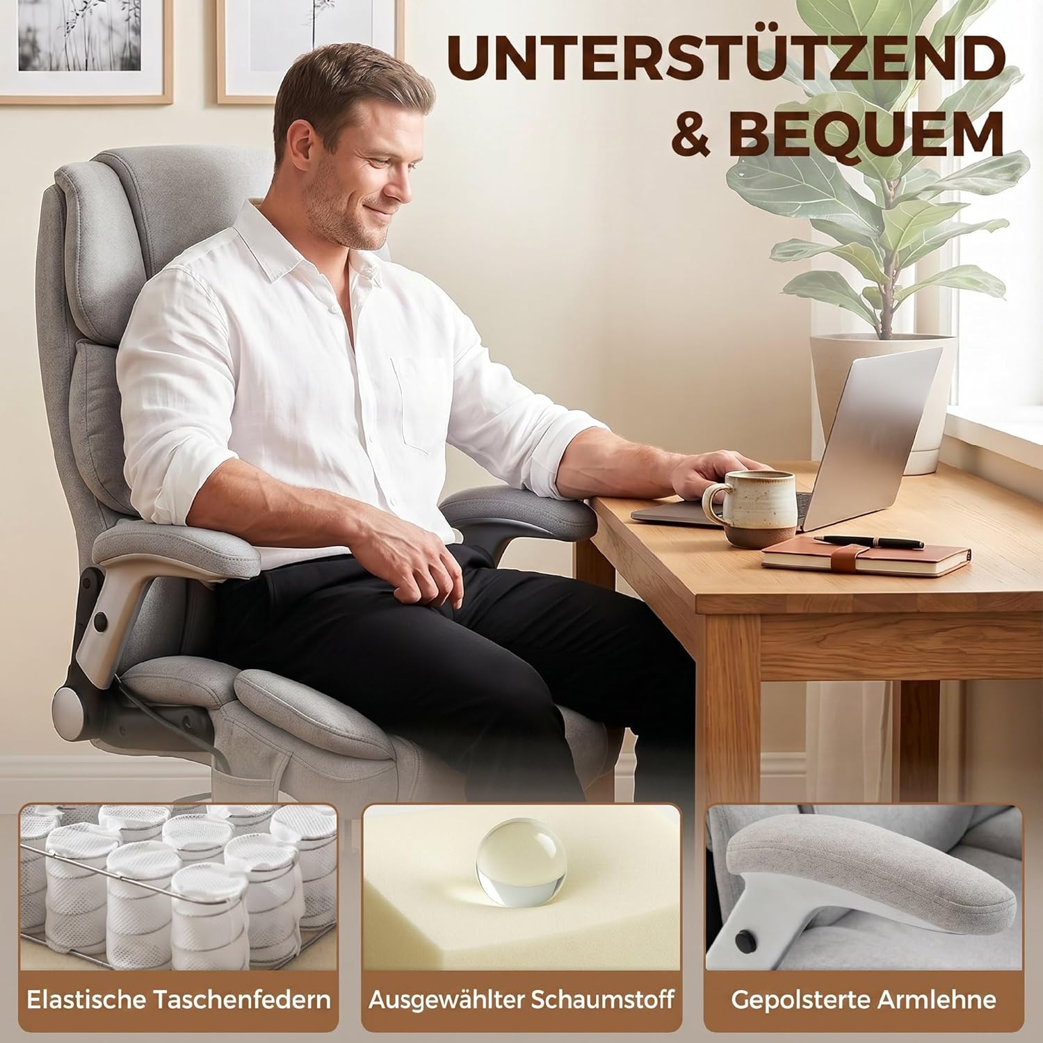 HOMCOM Bürostuhl, Ergonomischer XXL Chefsessel mit Hochklappbaren Armlehnen, breiter Sitz Höhenverstellbarer Schreibtischstuhl mit Airbag-Lendenstütze, Drehstuhl mit Wippfunktion, Hellgrau — Ansicht 6
