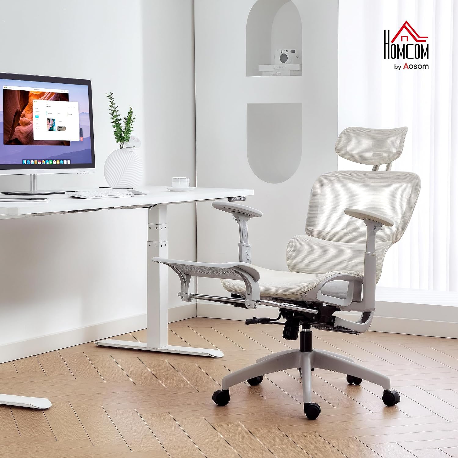 HOMCOM Bürostuhl mit Liegefunktion Ergonomisch Schreibtischstuhl mit 4-Fach verstellbar Rückenlehne Höhenverstellbarer Drehstuhl mit klappbar Armlehnen Kopfstütze Lendenwirbelstütze Beige — Ansicht 2