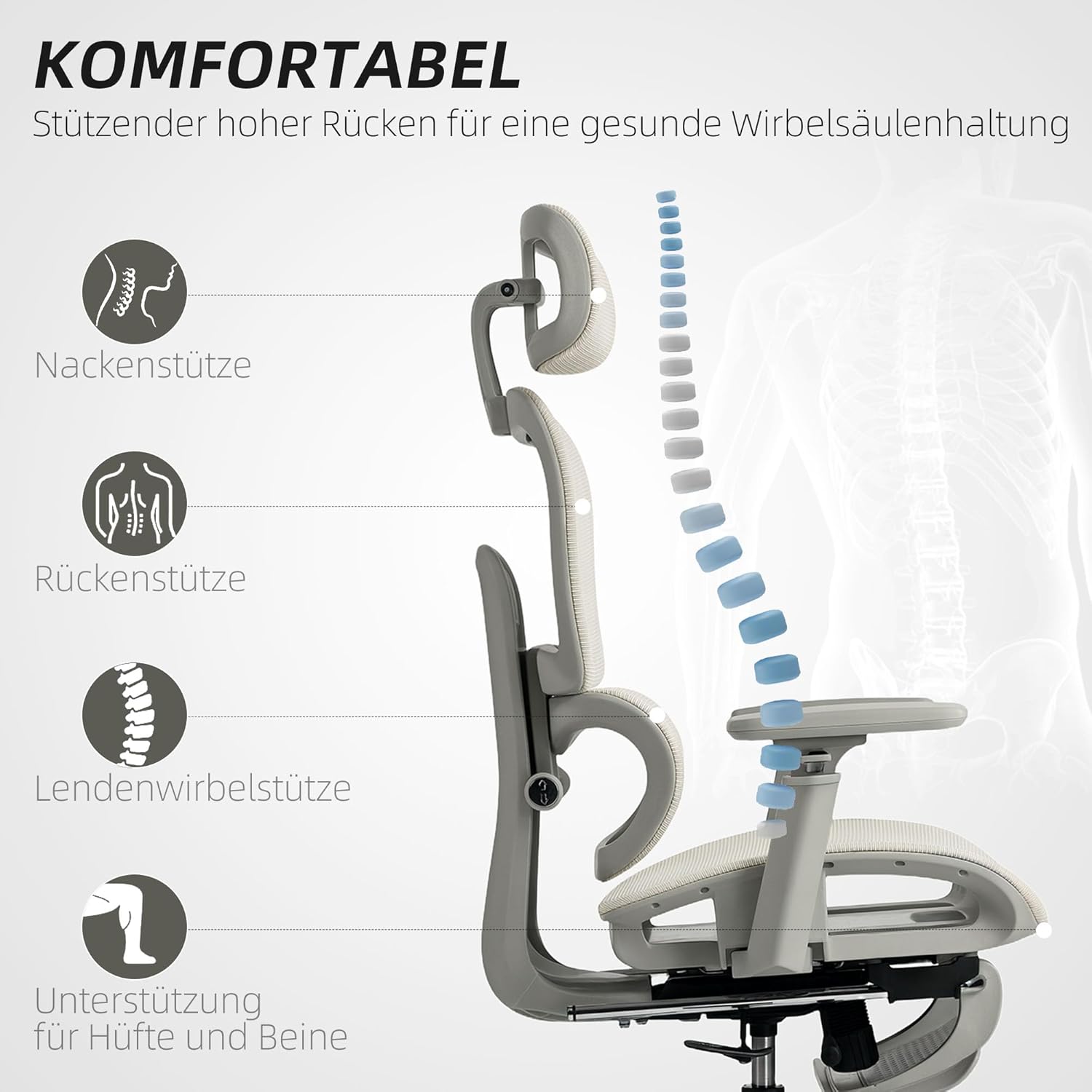 HOMCOM Bürostuhl mit Liegefunktion Ergonomisch Schreibtischstuhl mit 4-Fach verstellbar Rückenlehne Höhenverstellbarer Drehstuhl mit klappbar Armlehnen Kopfstütze Lendenwirbelstütze Beige — Ansicht 4