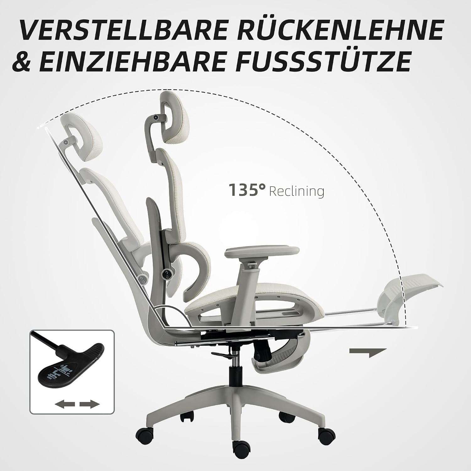 HOMCOM Bürostuhl mit Liegefunktion Ergonomisch Schreibtischstuhl mit 4-Fach verstellbar Rückenlehne Höhenverstellbarer Drehstuhl mit klappbar Armlehnen Kopfstütze Lendenwirbelstütze Beige — Ansicht 6
