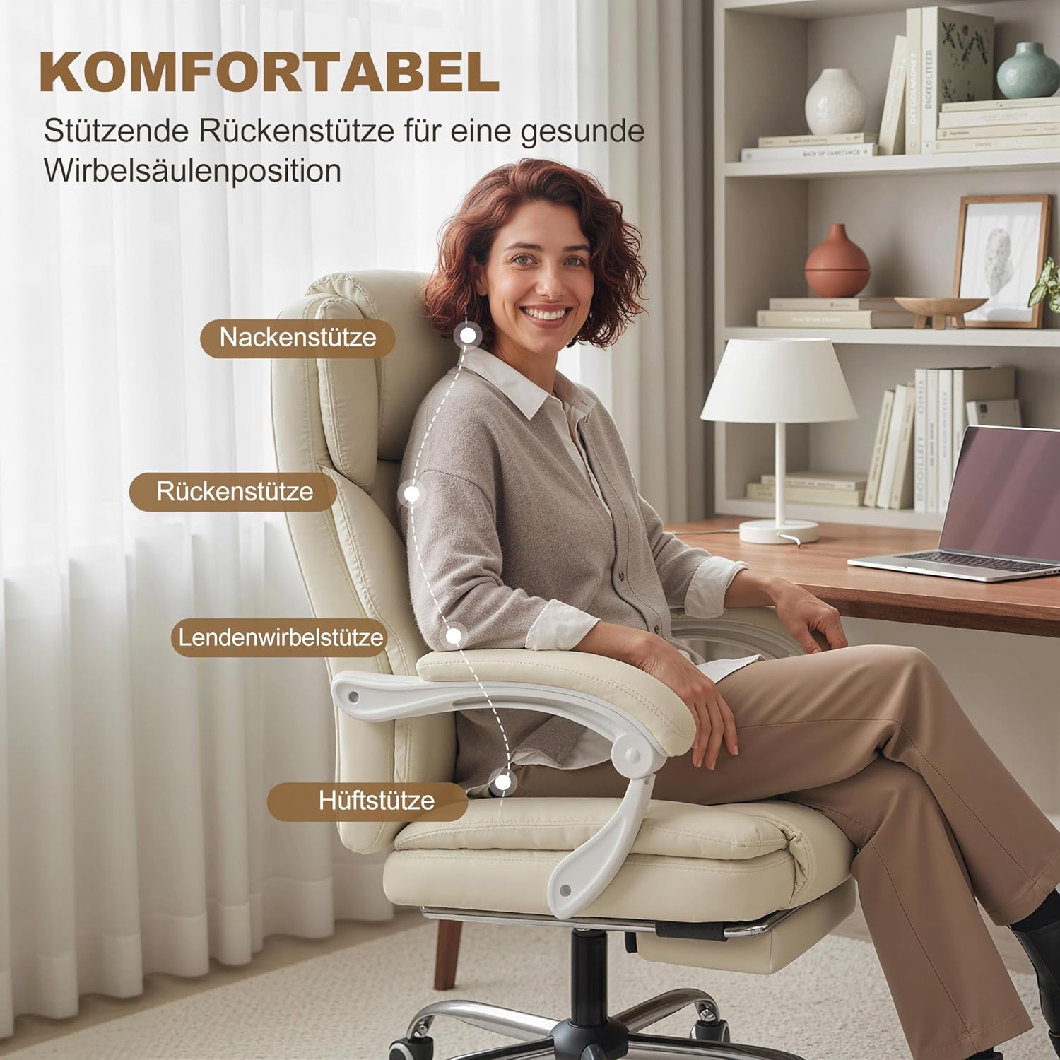 HOMCOM Bürostuhl mit Liegefunktion, Schreibtischstuhl aus Kunstleder, höhenverstellbar Drehstuhl mit Fußstütze, gepolstert, bis 120 kg belastbar, für Büro, Arbeitszimmer, Beige — Ansicht 4