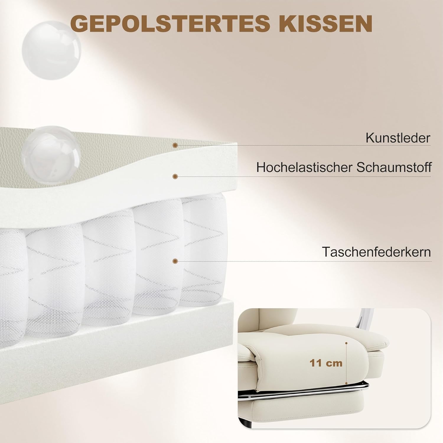 HOMCOM Bürostuhl mit Liegefunktion, Schreibtischstuhl aus Kunstleder, höhenverstellbar Drehstuhl mit Fußstütze, gepolstert, bis 120 kg belastbar, für Büro, Arbeitszimmer, Beige — Ansicht 5