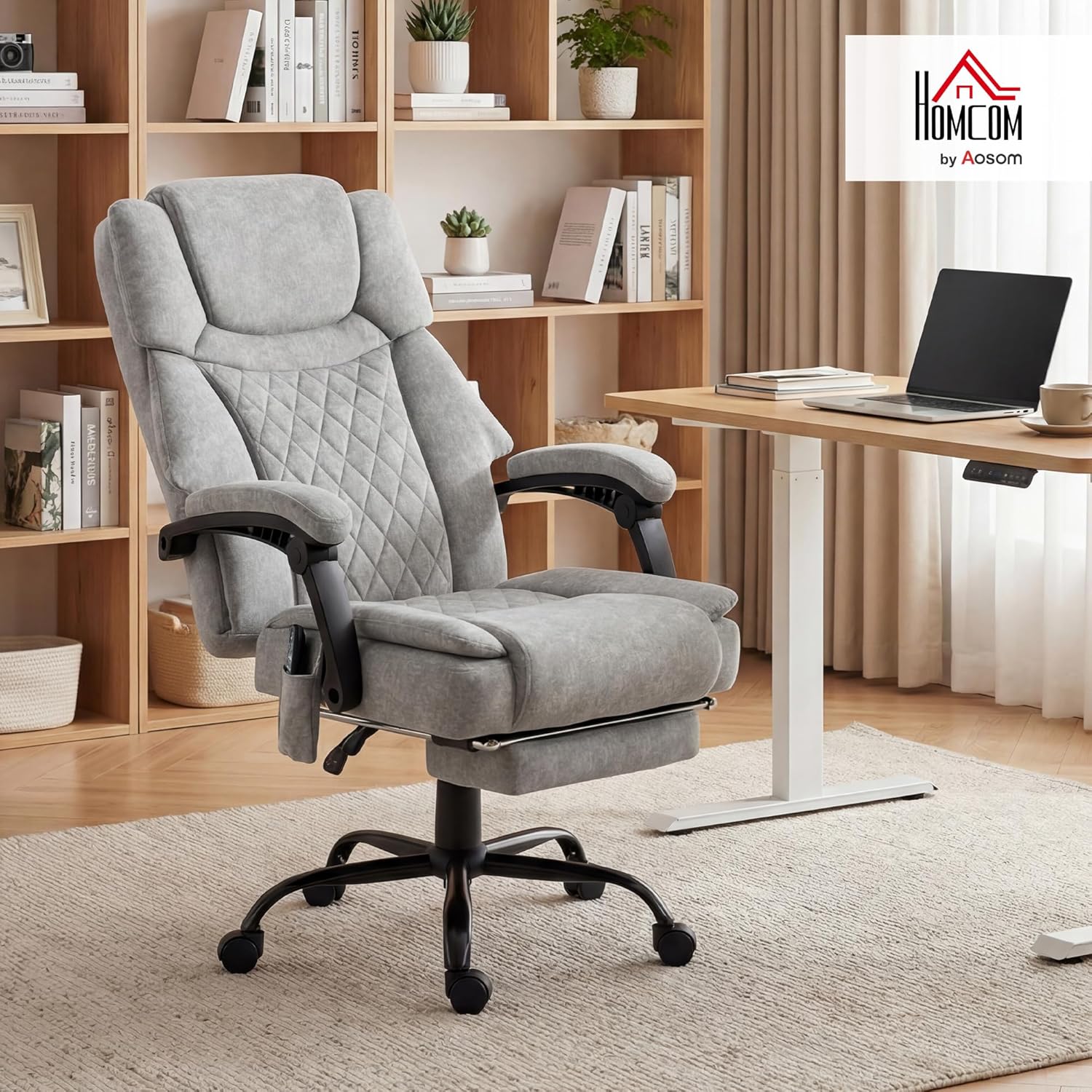 HOMCOM Bürostuhl mit Massagefunktion, Ergonomisch Schreibtischstuhl mit Liege- & Wärmefunktion, Breiter Sitzfläche, Bedrucktem Samtoptik Höhenverstellbar Drehstuhl mit Fernbedienung, Seitentasche Grau — Ansicht 2