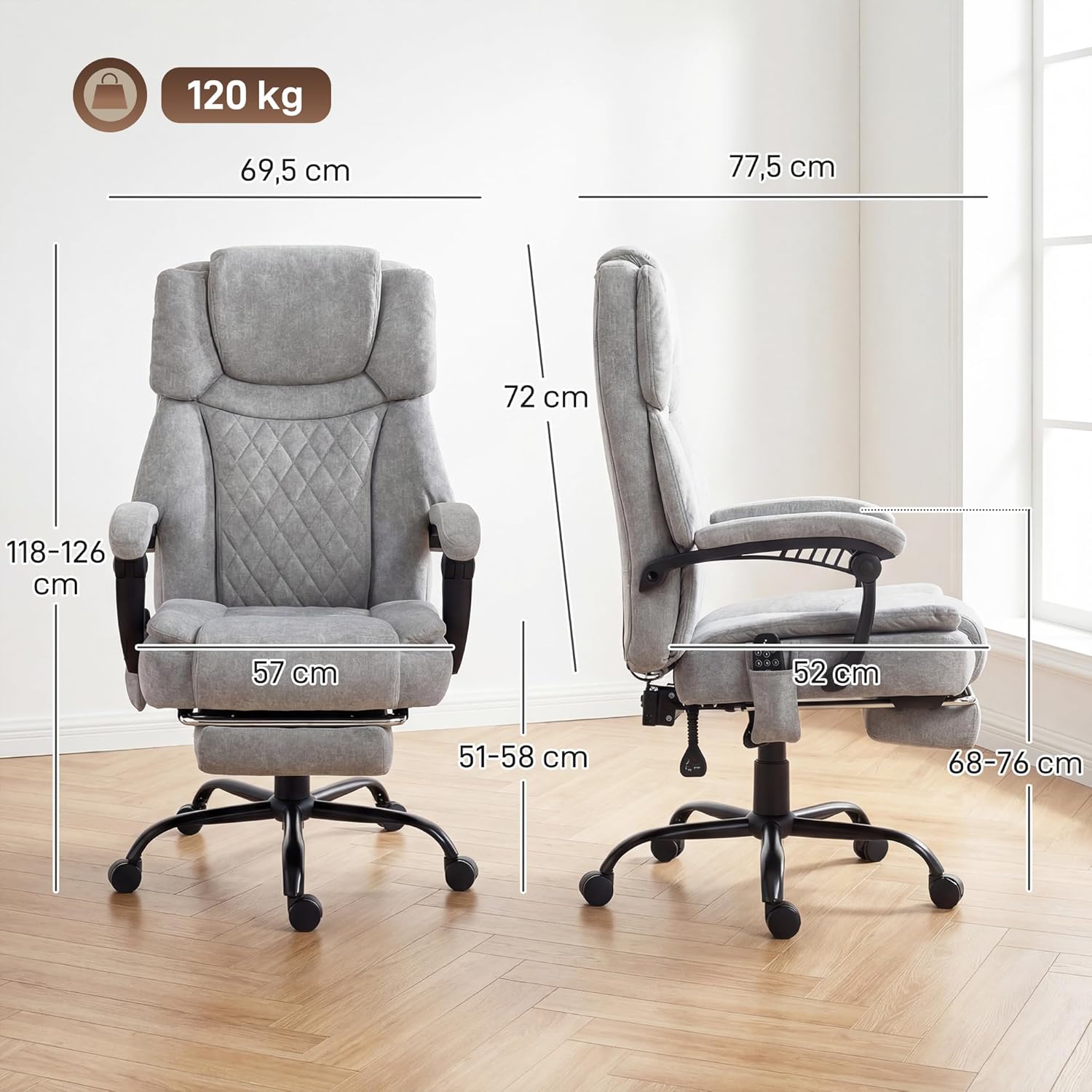 HOMCOM Bürostuhl mit Massagefunktion, Ergonomisch Schreibtischstuhl mit Liege- & Wärmefunktion, Breiter Sitzfläche, Bedrucktem Samtoptik Höhenverstellbar Drehstuhl mit Fernbedienung, Seitentasche Grau — Ansicht 3