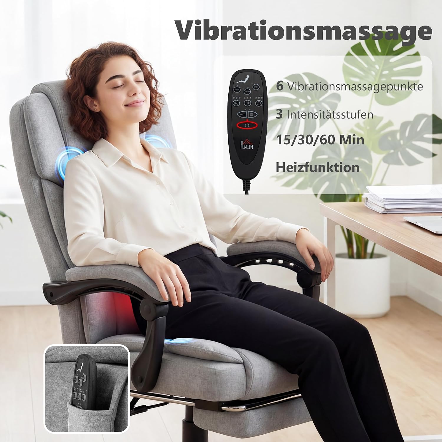 HOMCOM Bürostuhl mit Massagefunktion, Ergonomisch Schreibtischstuhl mit Liege- & Wärmefunktion, Breiter Sitzfläche, Bedrucktem Samtoptik Höhenverstellbar Drehstuhl mit Fernbedienung, Seitentasche Grau — Ansicht 4
