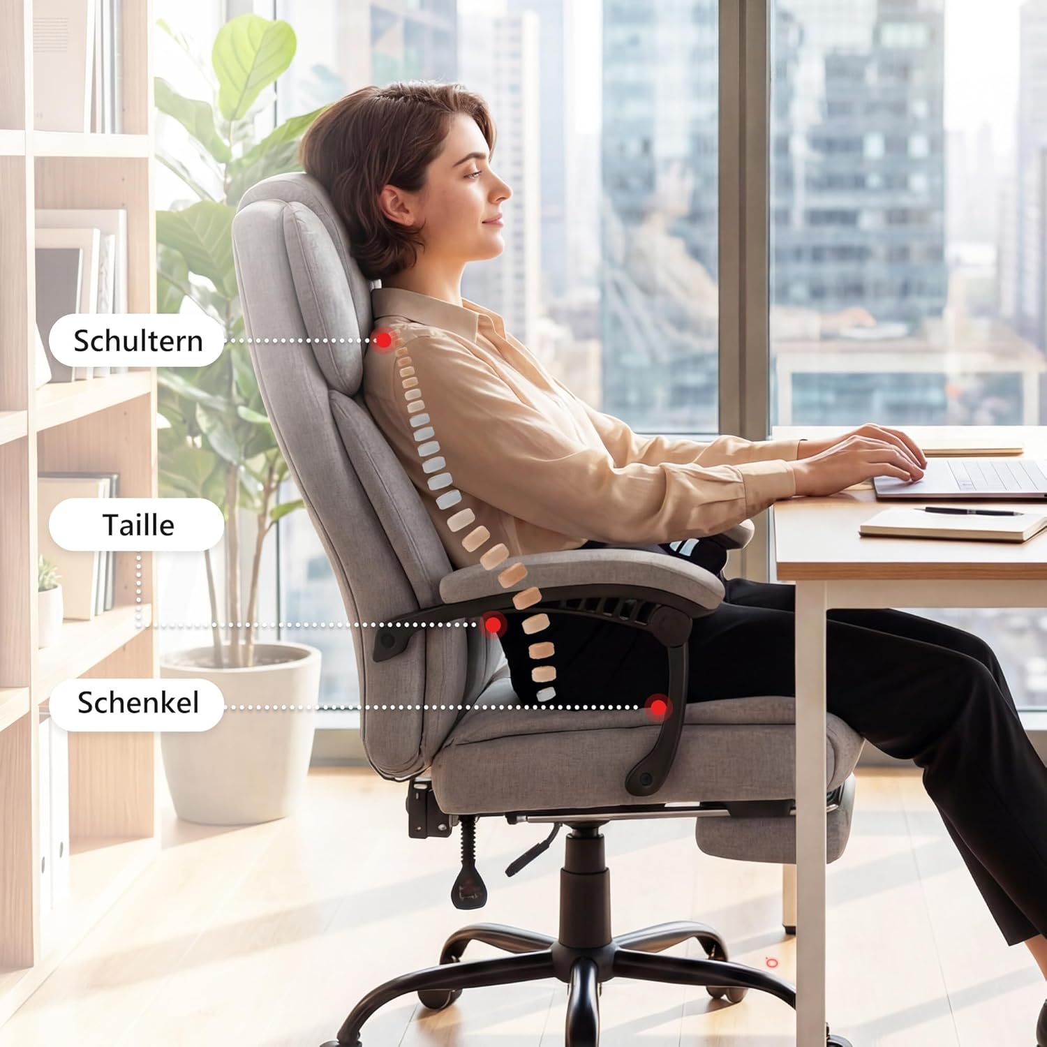 HOMCOM Bürostuhl mit Massagefunktion, Ergonomisch Schreibtischstuhl mit Liege- & Wärmefunktion, Breiter Sitzfläche, Bedrucktem Samtoptik Höhenverstellbar Drehstuhl mit Fernbedienung, Seitentasche Grau — Ansicht 5