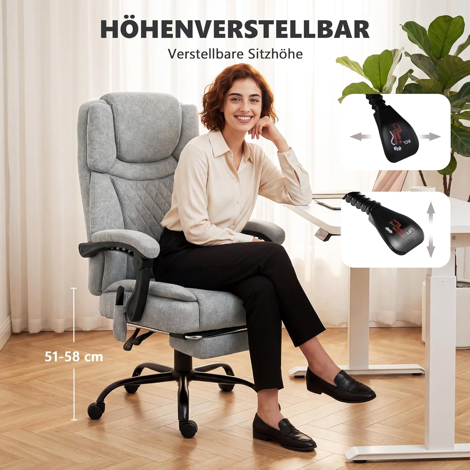 HOMCOM Bürostuhl mit Massagefunktion, Ergonomisch Schreibtischstuhl mit Liege- & Wärmefunktion, Breiter Sitzfläche, Bedrucktem Samtoptik Höhenverstellbar Drehstuhl mit Fernbedienung, Seitentasche Grau — Ansicht 6