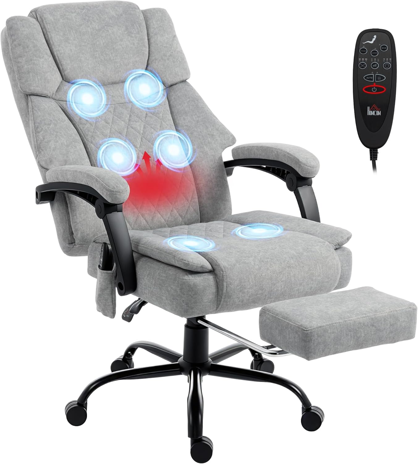 HOMCOM Bürostuhl mit Massagefunktion, Ergonomisch Schreibtischstuhl mit Liege- & Wärmefunktion, Breiter Sitzfläche, Bedrucktem Samtoptik Höhenverstellbar Drehstuhl mit Fernbedienung, Seitentasche Grau