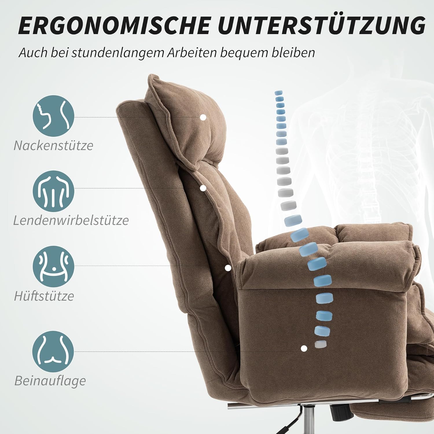 HOMCOM Bürostuhl Schreibtischstuhl mit Lendenwirbelstütze, Armlehne, Fußstütze, Höhenverstellbarer Drehstuhl mit Schneeflanell, Gepolstert Computerstuhl, Braun — Ansicht 5