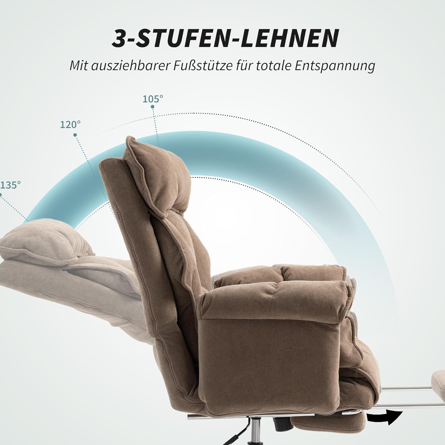 HOMCOM Bürostuhl Schreibtischstuhl mit Lendenwirbelstütze, Armlehne, Fußstütze, Höhenverstellbarer Drehstuhl mit Schneeflanell, Gepolstert Computerstuhl, Braun — Ansicht 6