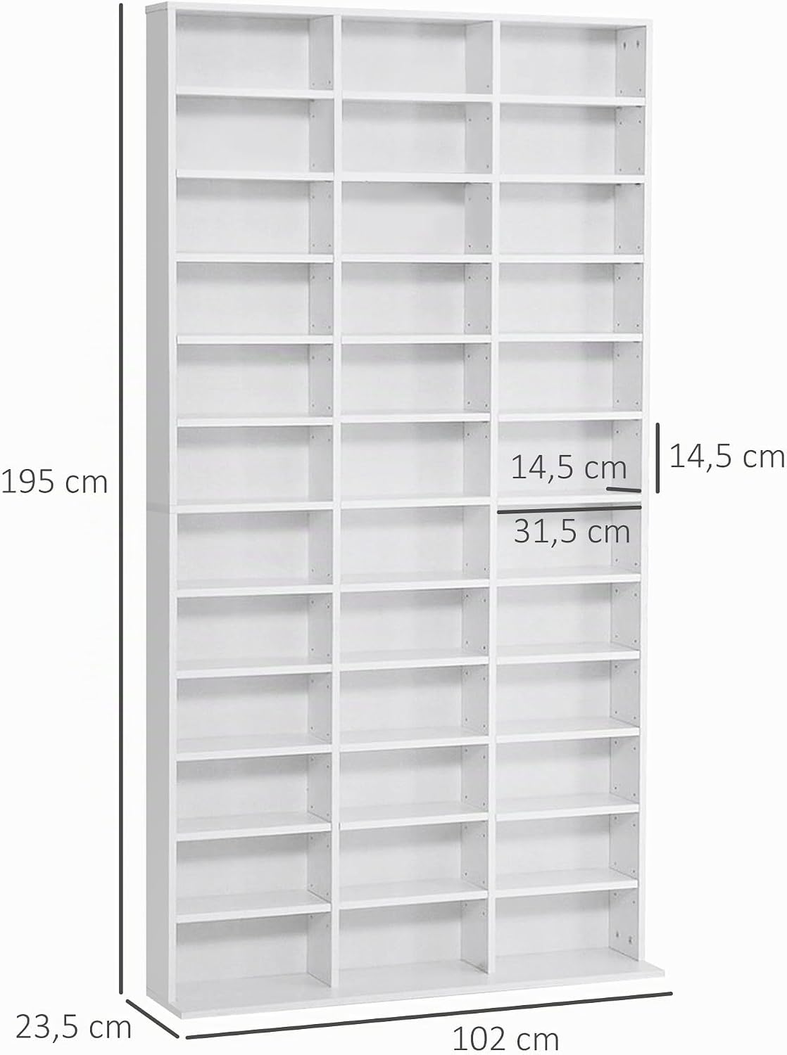 HOMCOM CD/DVD Regal Aufbewahrungsmöbel für 1116 CDs 36 höhenverstellbare Fächer 195 x 102 x 23,5 cm Weiß — Ansicht 3