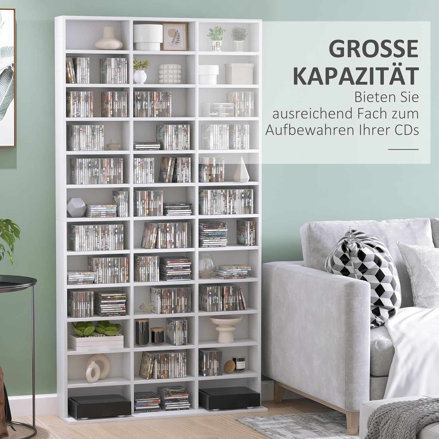 HOMCOM CD/DVD Regal Aufbewahrungsmöbel für 1116 CDs 36 höhenverstellbare Fächer 195 x 102 x 23,5 cm Weiß — Ansicht 4