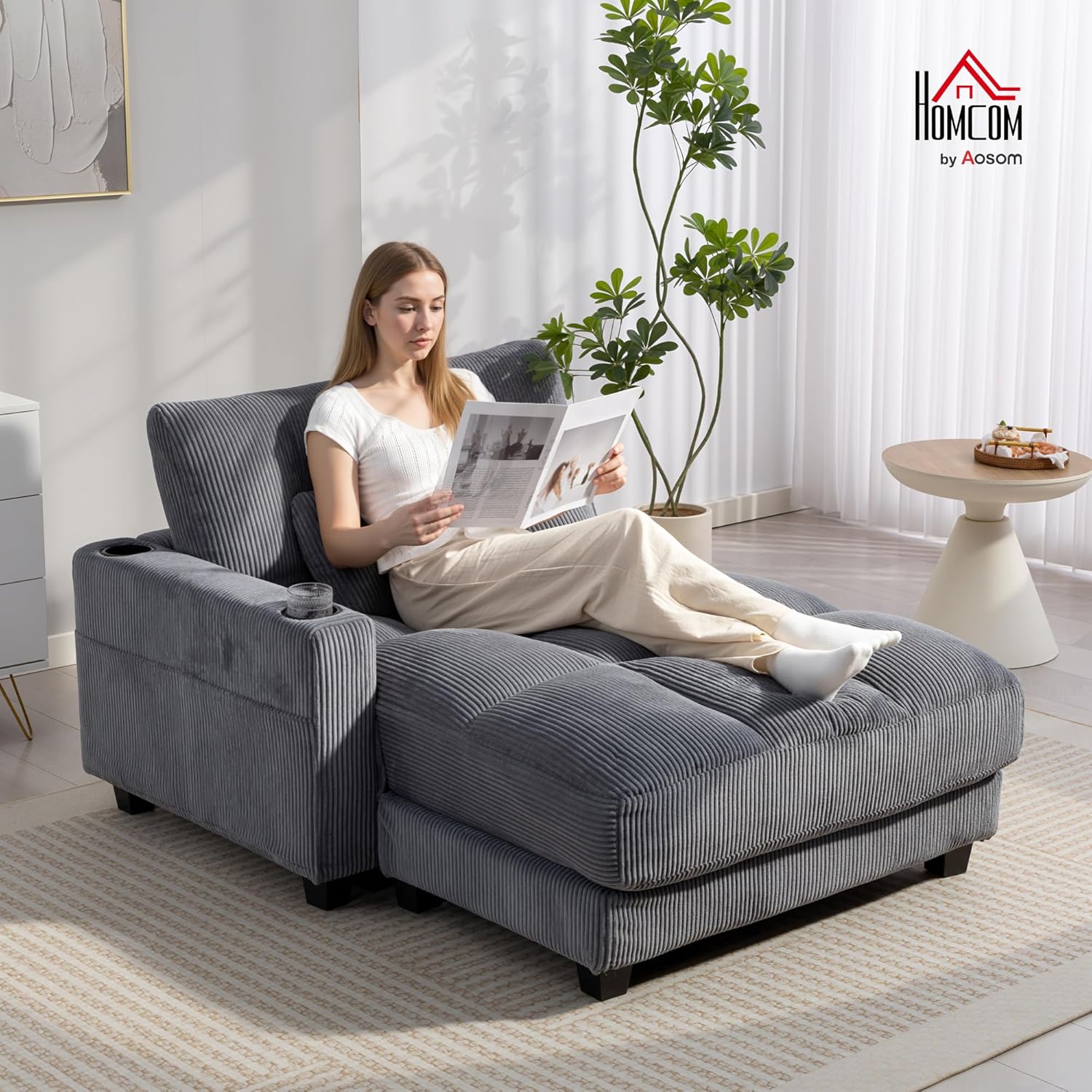 HOMCOM Chaiselongue 2 Sitzer Schlafsofa 114 x 147 cm Sofa mit Bettfunktion, Cord-Optik, Links/Rechts Armlehne, Becherhalter und Lendenkissen Couch für Wohnzimmer, Schlafzimmer, Dunkelgrau — Ansicht 2
