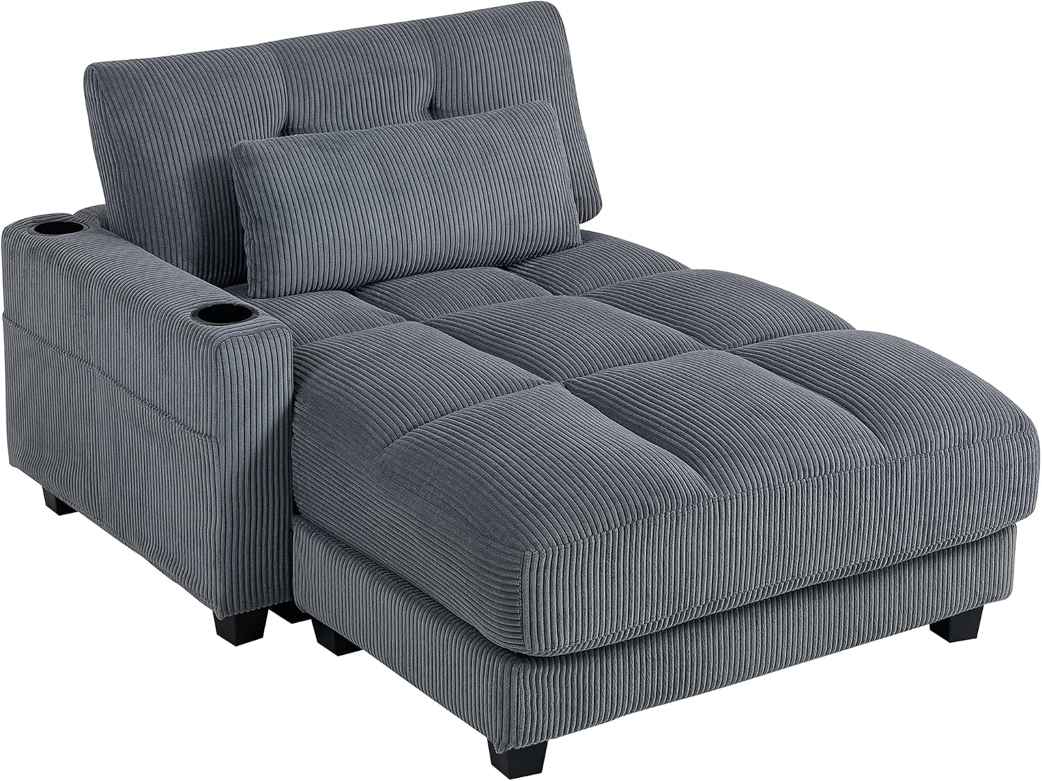HOMCOM Chaiselongue 2 Sitzer Schlafsofa 114 x 147 cm Sofa mit Bettfunktion, Cord-Optik, Links/Rechts Armlehne, Becherhalter und Lendenkissen Couch für Wohnzimmer, Schlafzimmer, Dunkelgrau