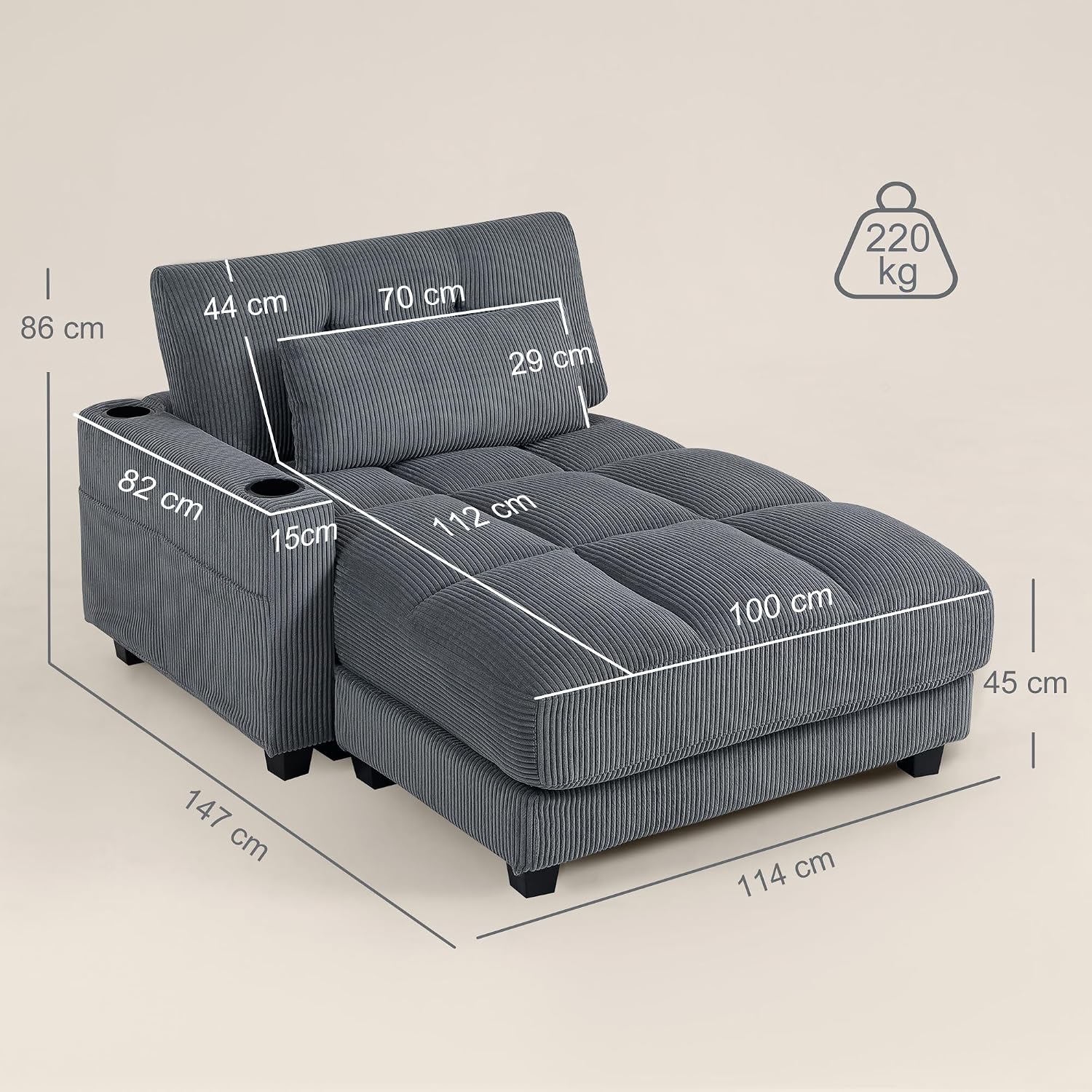 HOMCOM Chaiselongue 2 Sitzer Schlafsofa 114 x 147 cm Sofa mit Bettfunktion, Cord-Optik, Links/Rechts Armlehne, Becherhalter und Lendenkissen Couch für Wohnzimmer, Schlafzimmer, Dunkelgrau — Ansicht 3