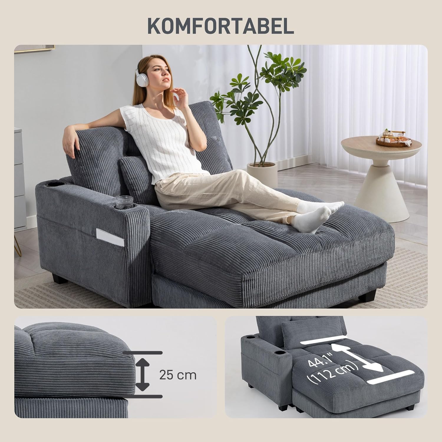 HOMCOM Chaiselongue 2 Sitzer Schlafsofa 114 x 147 cm Sofa mit Bettfunktion, Cord-Optik, Links/Rechts Armlehne, Becherhalter und Lendenkissen Couch für Wohnzimmer, Schlafzimmer, Dunkelgrau — Ansicht 6