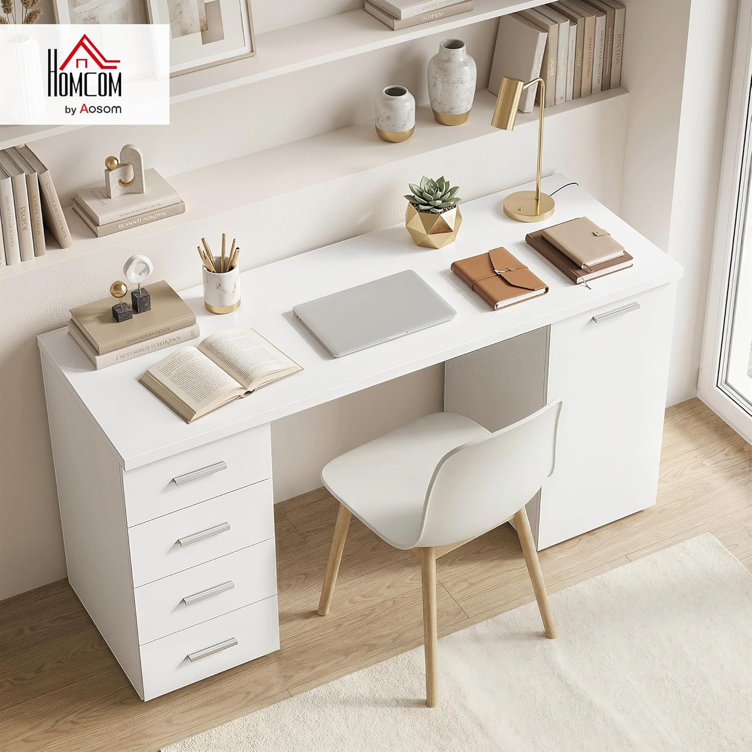 HOMCOM Computertisch mit 4 Schubladen, 140 x 48 x 75 cm Schreibtisch mit Schrank und verstellbarem Regal, Moderner Bürotisch für Büro, Schlafzimmer, Weiß — Ansicht 2