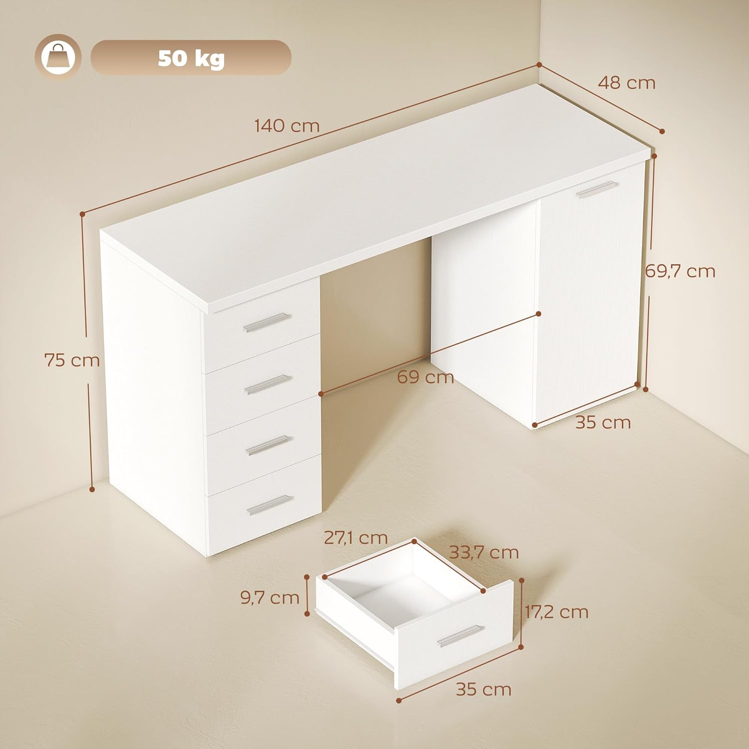 HOMCOM Computertisch mit 4 Schubladen, 140 x 48 x 75 cm Schreibtisch mit Schrank und verstellbarem Regal, Moderner Bürotisch für Büro, Schlafzimmer, Weiß — Ansicht 3