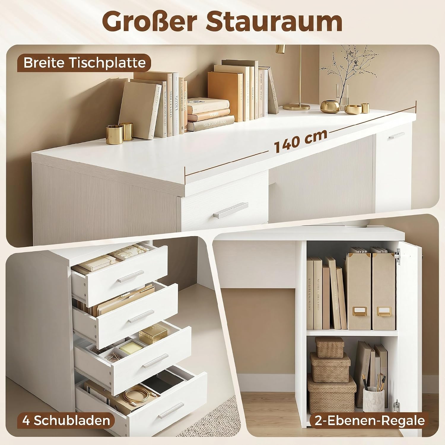 HOMCOM Computertisch mit 4 Schubladen, 140 x 48 x 75 cm Schreibtisch mit Schrank und verstellbarem Regal, Moderner Bürotisch für Büro, Schlafzimmer, Weiß — Ansicht 4