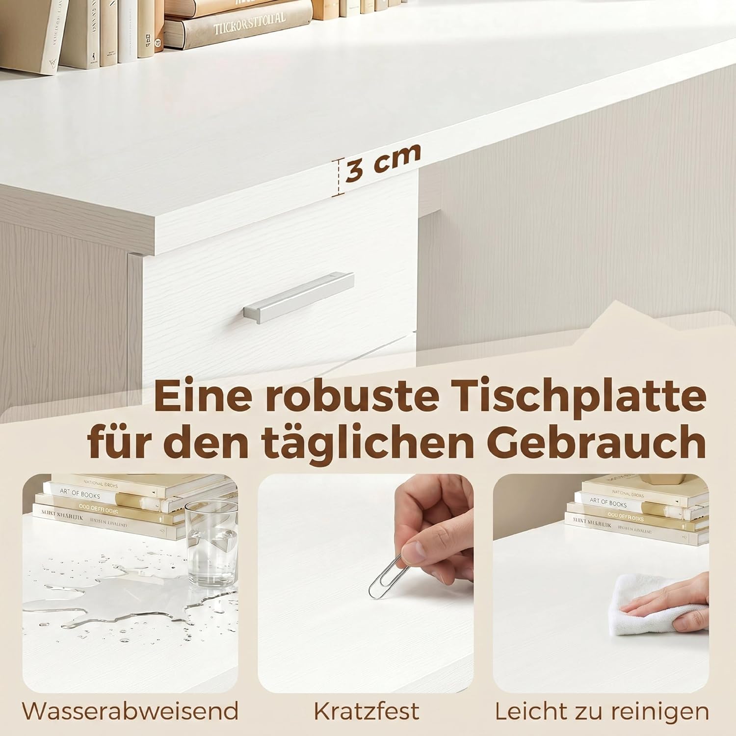 HOMCOM Computertisch mit 4 Schubladen, 140 x 48 x 75 cm Schreibtisch mit Schrank und verstellbarem Regal, Moderner Bürotisch für Büro, Schlafzimmer, Weiß — Ansicht 6