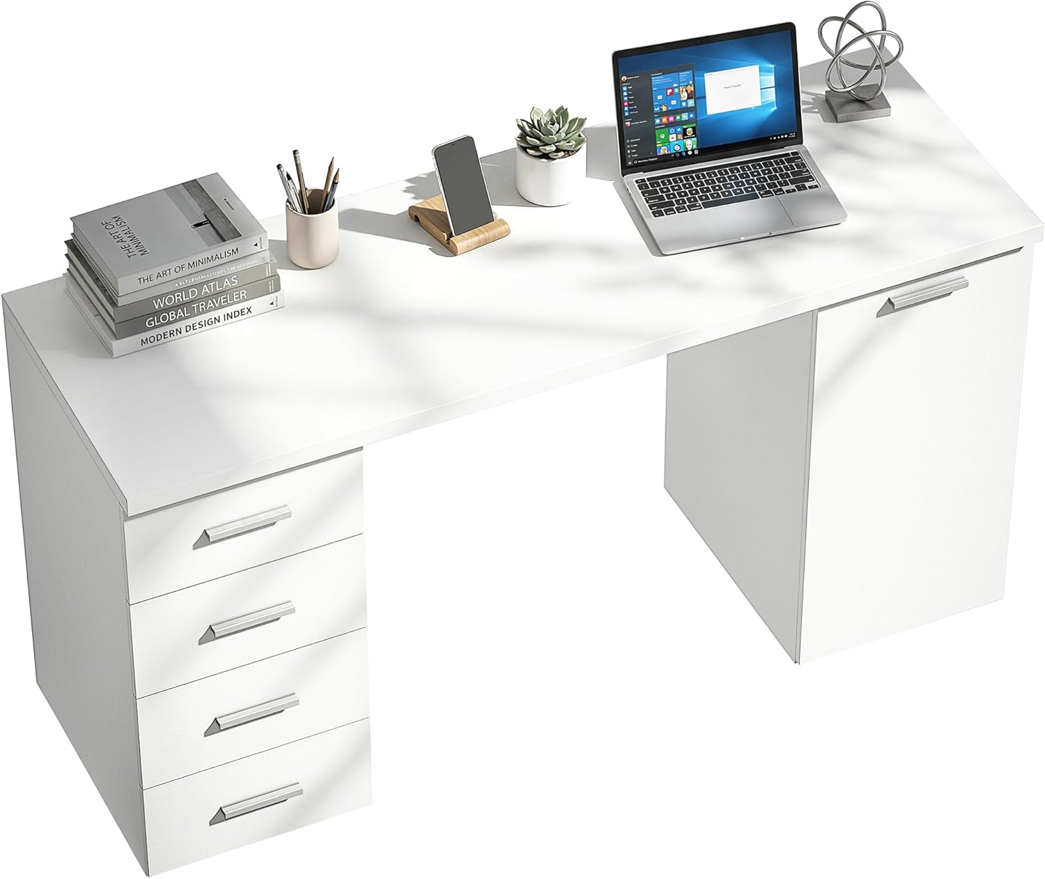 HOMCOM Computertisch mit 4 Schubladen, 140 x 48 x 75 cm Schreibtisch mit Schrank und verstellbarem Regal, Moderner Bürotisch für Büro, Schlafzimmer, Weiß
