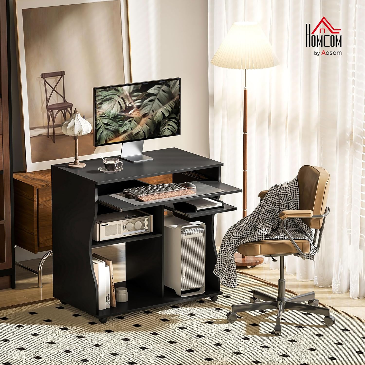 HOMCOM Computertisch Schreibtisch mit Rollen Bürotisch mit Tastaturablage, Ablage, PC Tisch Schwarz 80 x 48 x 75 cm — Ansicht 2