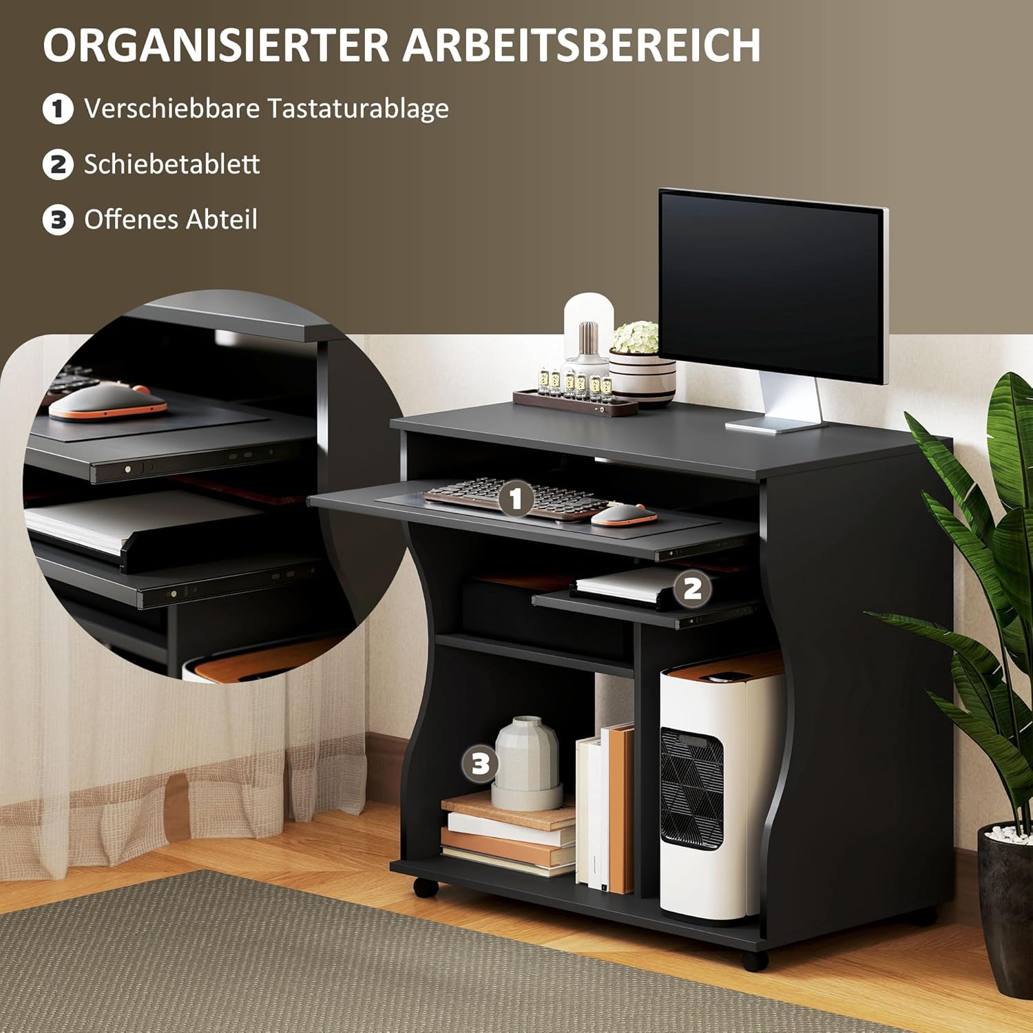HOMCOM Computertisch Schreibtisch mit Rollen Bürotisch mit Tastaturablage, Ablage, PC Tisch Schwarz 80 x 48 x 75 cm — Ansicht 4