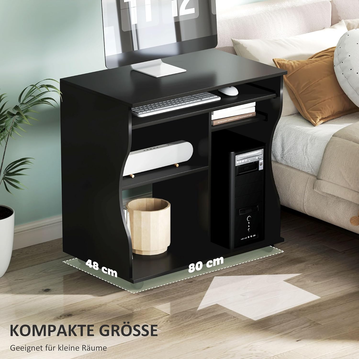 HOMCOM Computertisch Schreibtisch mit Rollen Bürotisch mit Tastaturablage, Ablage, PC Tisch Schwarz 80 x 48 x 75 cm — Ansicht 6