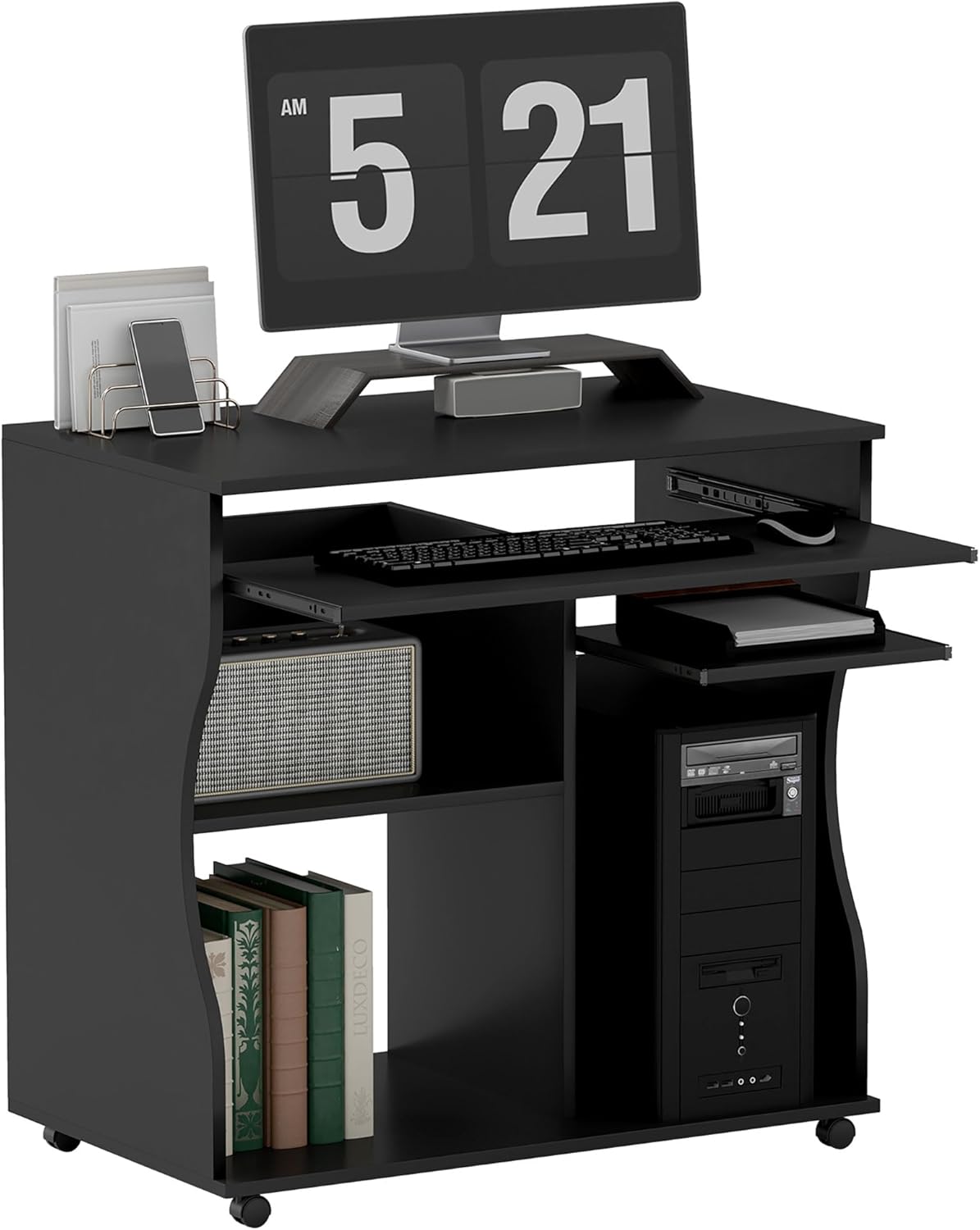 HOMCOM Computertisch Schreibtisch mit Rollen Bürotisch mit Tastaturablage, Ablage, PC Tisch Schwarz 80 x 48 x 75 cm