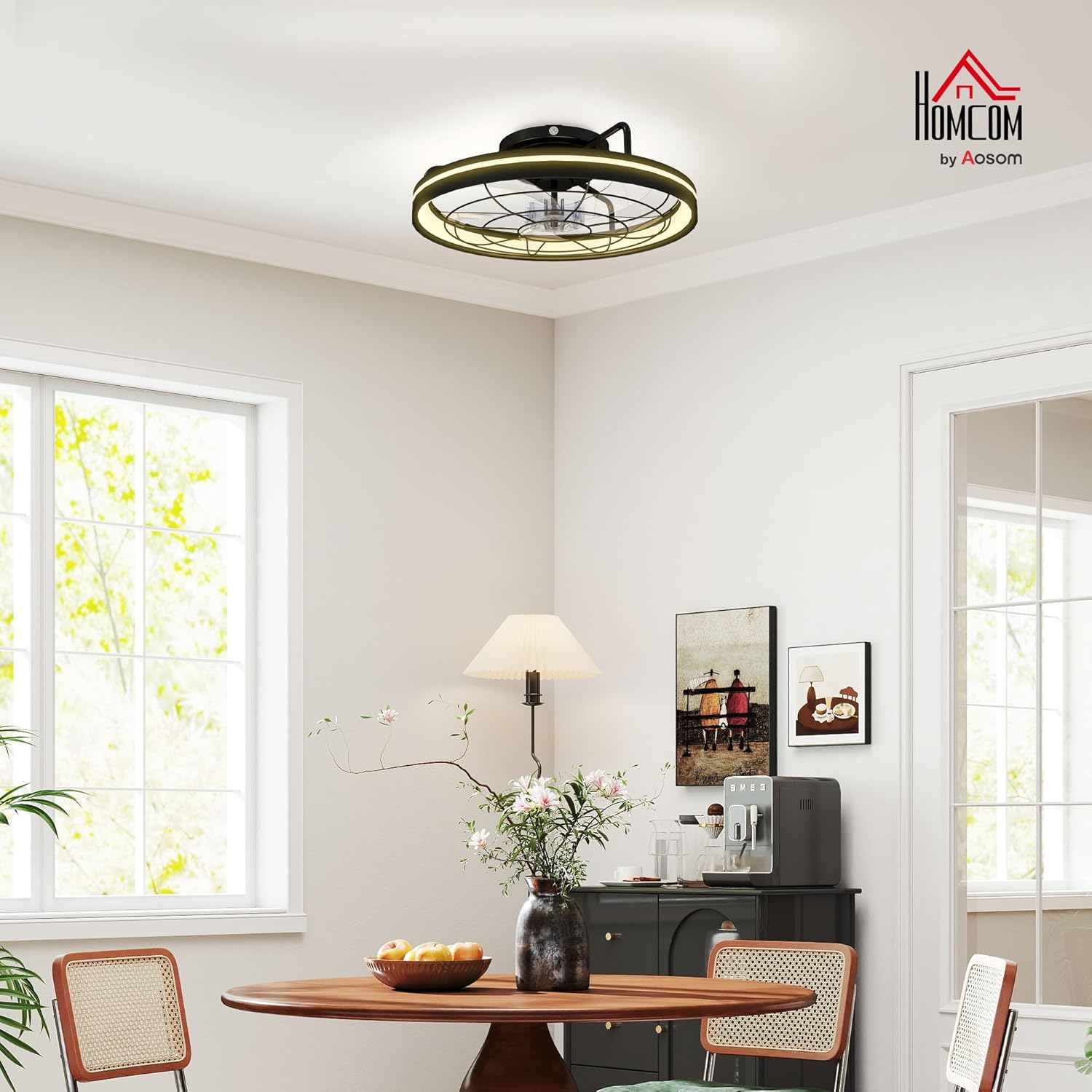 HOMCOM Deckenventilator mit Beleuchtung, Fernbedienung, Ø48 cm, 40 W LED Deckenleuchte mit Ventilator, 3 Lichtfarben, Timer, 6 Geschwindigkeiten, dimmbar, leiser DC Motor, Lampenschirm Schwarz — Ansicht 2