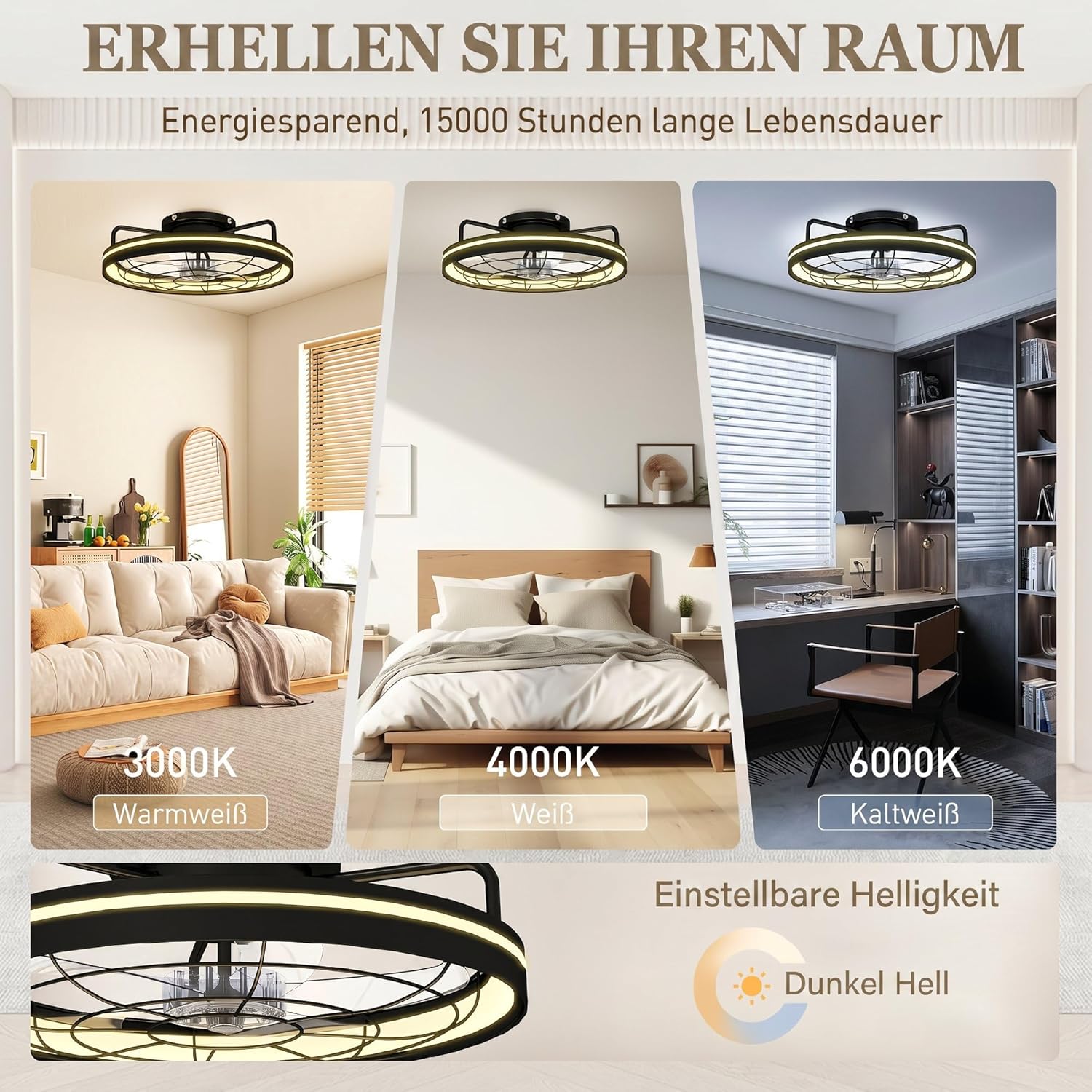HOMCOM Deckenventilator mit Beleuchtung, Fernbedienung, Ø48 cm, 40 W LED Deckenleuchte mit Ventilator, 3 Lichtfarben, Timer, 6 Geschwindigkeiten, dimmbar, leiser DC Motor, Lampenschirm Schwarz — Ansicht 3
