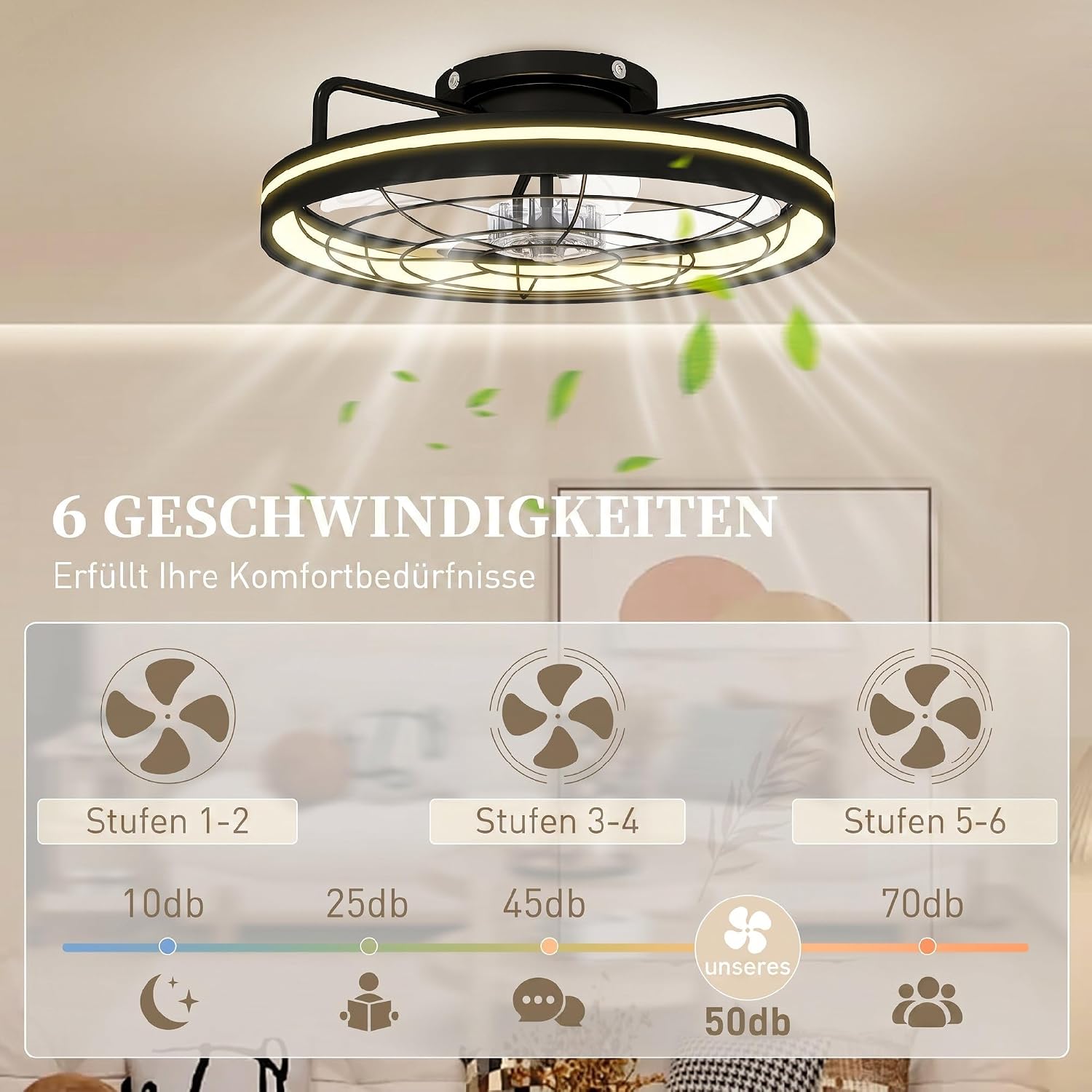 HOMCOM Deckenventilator mit Beleuchtung, Fernbedienung, Ø48 cm, 40 W LED Deckenleuchte mit Ventilator, 3 Lichtfarben, Timer, 6 Geschwindigkeiten, dimmbar, leiser DC Motor, Lampenschirm Schwarz — Ansicht 4