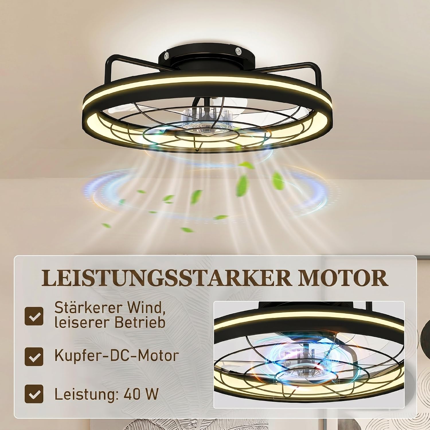 HOMCOM Deckenventilator mit Beleuchtung, Fernbedienung, Ø48 cm, 40 W LED Deckenleuchte mit Ventilator, 3 Lichtfarben, Timer, 6 Geschwindigkeiten, dimmbar, leiser DC Motor, Lampenschirm Schwarz — Ansicht 5