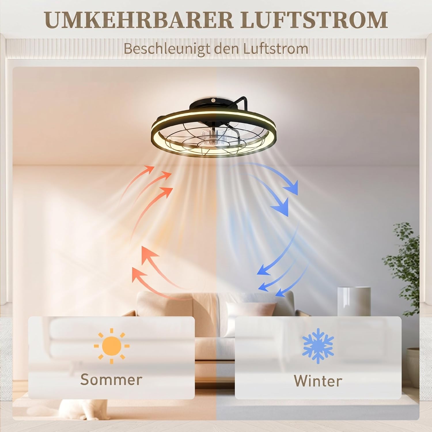 HOMCOM Deckenventilator mit Beleuchtung, Fernbedienung, Ø48 cm, 40 W LED Deckenleuchte mit Ventilator, 3 Lichtfarben, Timer, 6 Geschwindigkeiten, dimmbar, leiser DC Motor, Lampenschirm Schwarz — Ansicht 6